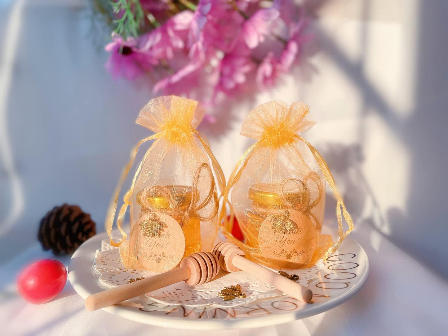 IIKUM 40 Pack Glass Honey Jars, 1.5 oz Hexagon Honey Pots with Lids, Dippers, Bee Pendants, Gift Bags, Thank You Cards, Jute and Stickers-Great Honey Jars Set for Baby Shower, Wedding and Party Favors