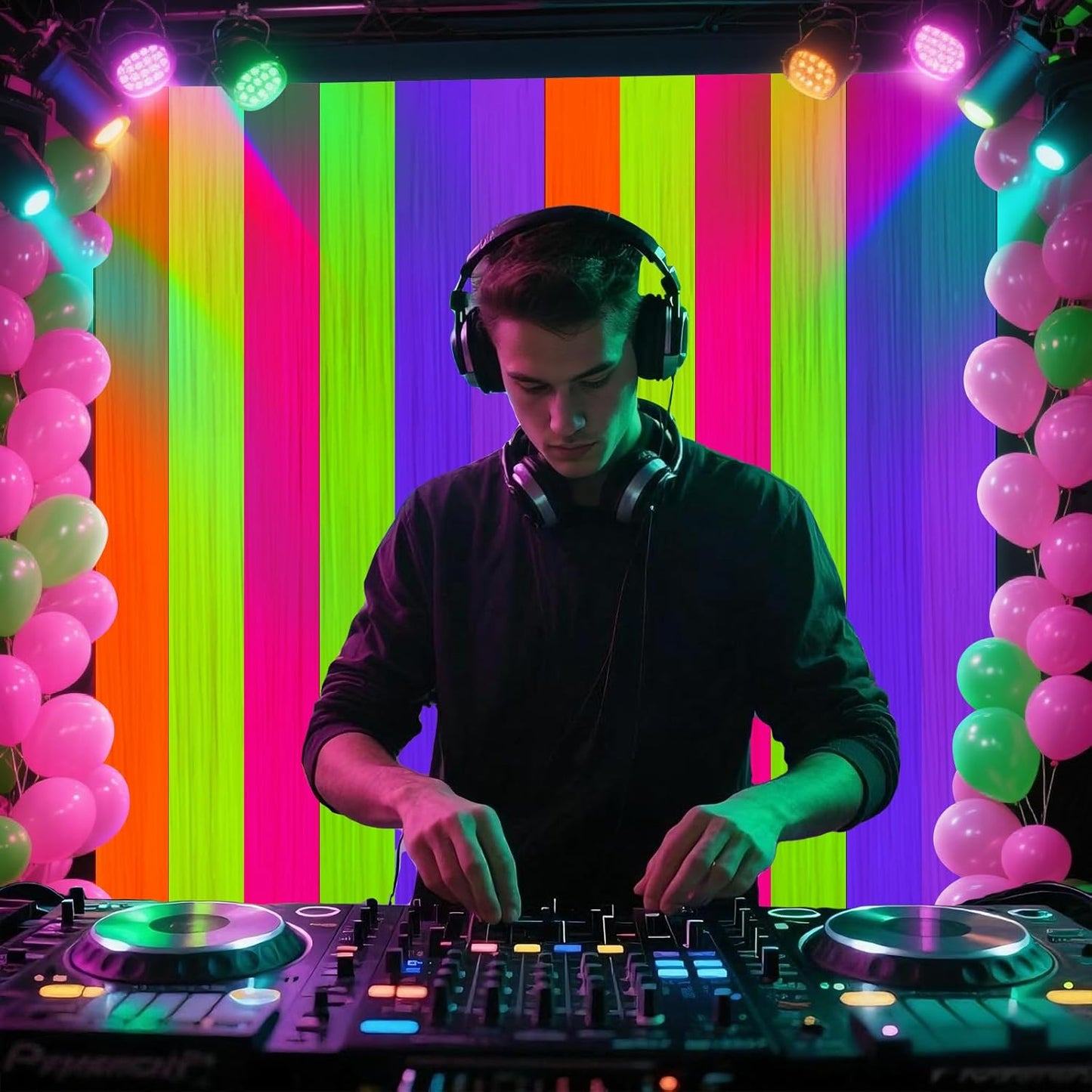 CANREVEL Glow in The Dark Party Supplies, 2 Pack 3.3x6.6 Feet Fluorescent Macaron Rainbow Foil Fringe Backdrop Curtains, Tinsel Streamers for Birthday Party Blacklight Decorations