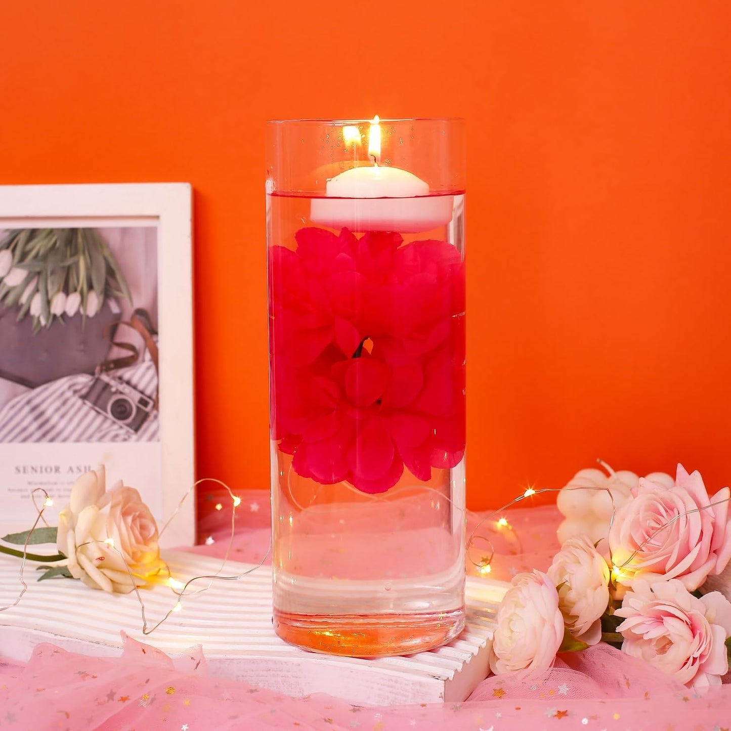 24 Pcs Floating Candles for Centerpieces and Floating Flowers Artificial Flowers Head Vase Filler for Party Home Table Wedding Centerpieces Decoration (Rosered)