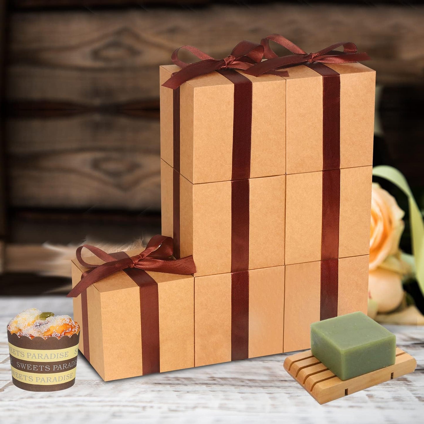 100 Pack Small Gift Boxes, 4x4x4 Inches Favor Boxes Brown Paper Gift Boxes with Lids for Presents, Crafting, Cupcake Boxes, Gifts, Candy Boxes for Wedding Party Bridal Shower Baby Shower Favors