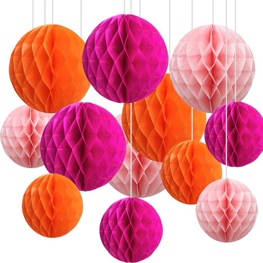 CC wonderland zone 12pcs Hot Pink and Orange Paper Honeycomb Balls,6" & 10" Hanging Tissue Pom poms for Birthday Party Decoration(Hot Pink,Pink,Orange)