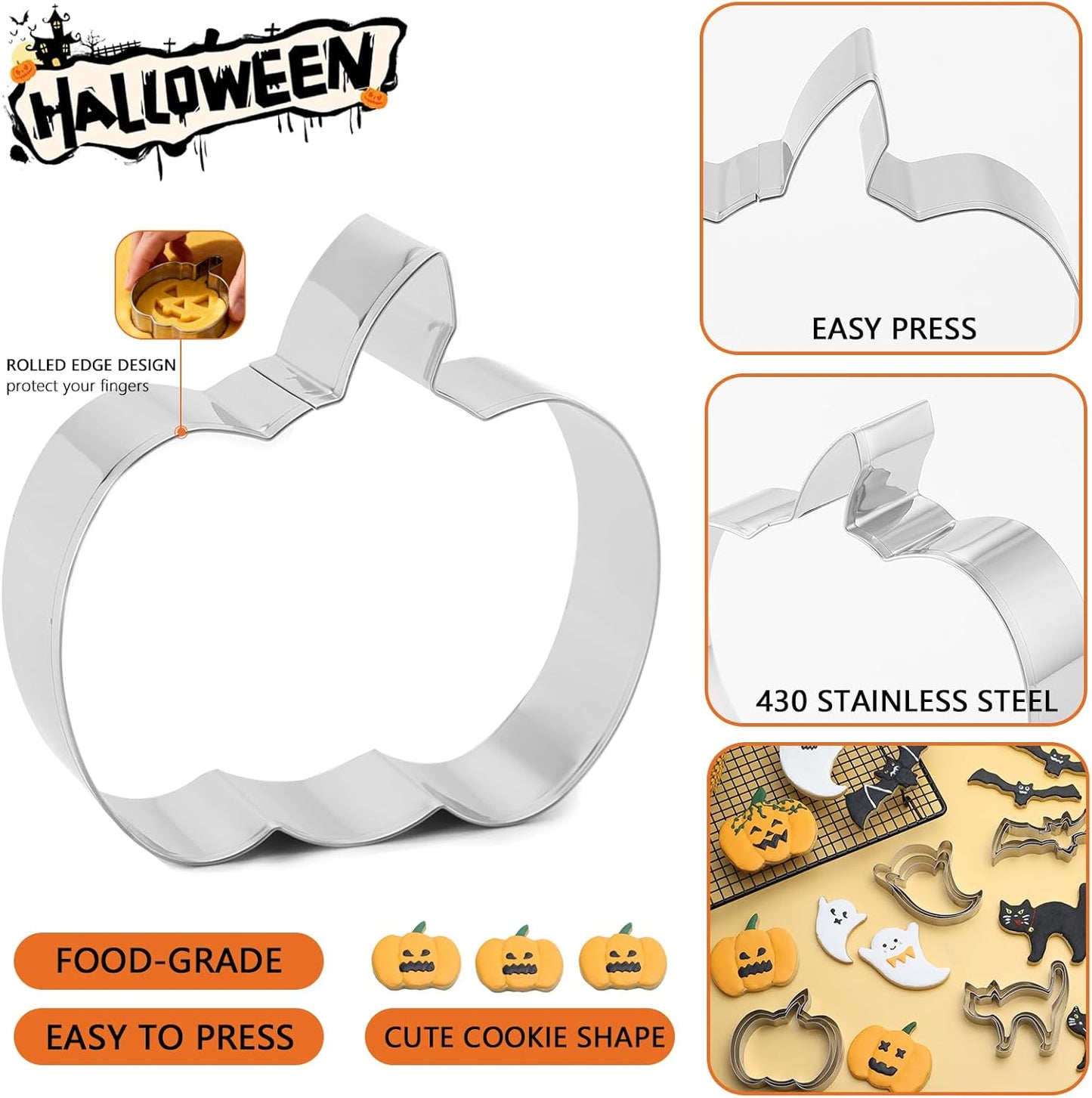 Halloween Cookie Cutters Set 12 Pcs, Stainless Steel Holiday Cookie Cutters Shape, 5.15” Bat, 3.54” Pumpkin, 3.34” Ghost, 3.5” Cat, Various Sizes Cute Cutters for Halloween Baking Party Decorations