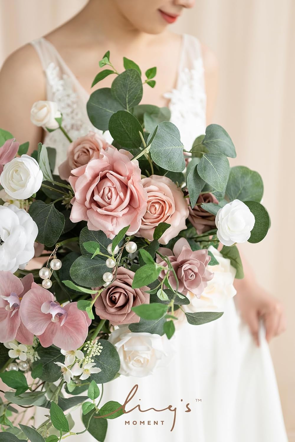 Ling's Moment Pink Bridal Bouquet for Bride, Dusty Rose Wedding Bouquets for Bride, 15 Inch Wedding Artificial Flowers