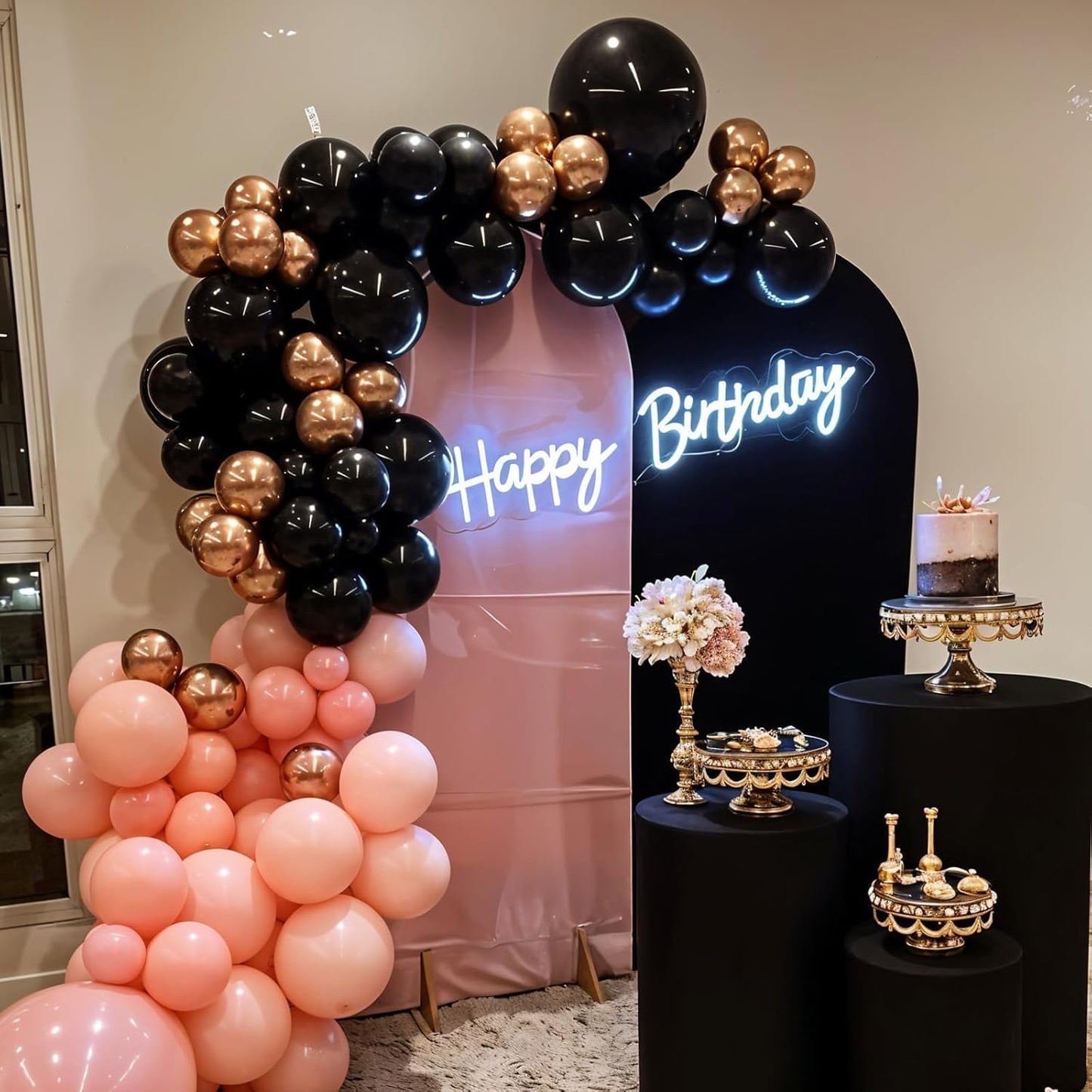 Rose Gold and Black Balloon,12 Inch Metallic Rose Gold Balloons Retro Pink Balloons for Birthday Wedding Bridal Shower Bachelorette Party Decorations