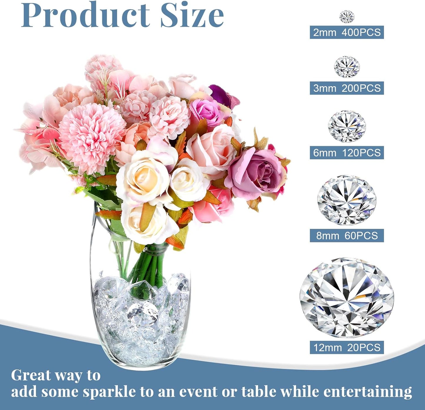 Hicarer 800 Pieces Diamond Decorations Acrylic Diamond Table Scatter Crystals for Table for Vase Fillers Party Decorations(12, 8, 6, 3, 2mm,Clear)