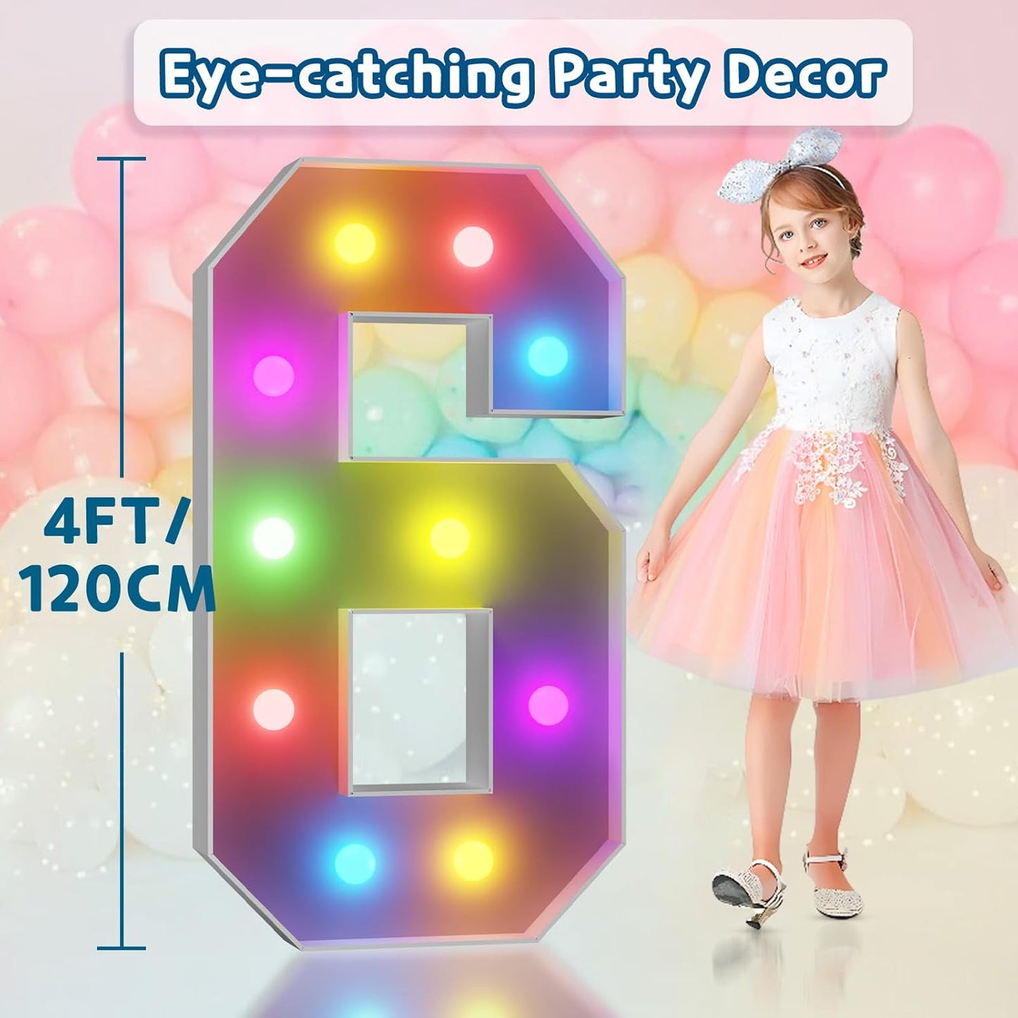 imprsv 4FT Colorful Marquee Numbers,18 Colors Number 6 with Remote, Light Up Numbers Sign for 60th Birthday Decorations Anniversary Party Decor, Pre-Cut Foam Board Kit, Mosaic Sign for Balloon