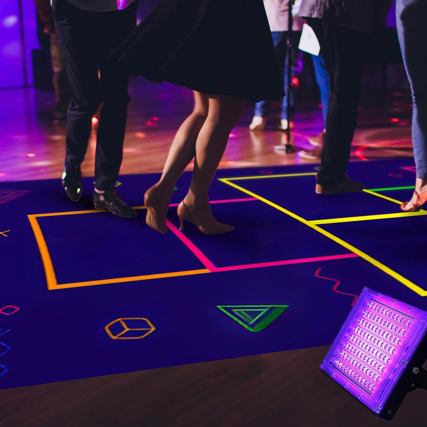Haull 118 x 39 Inch Neon Light up Dance Floor Glow in The Dark Runner UV Reactive Blacklight Floor Aisle Runner Decor Wall Props for 80s 90s Neon Birthday Party Decorations(Hopscotch)
