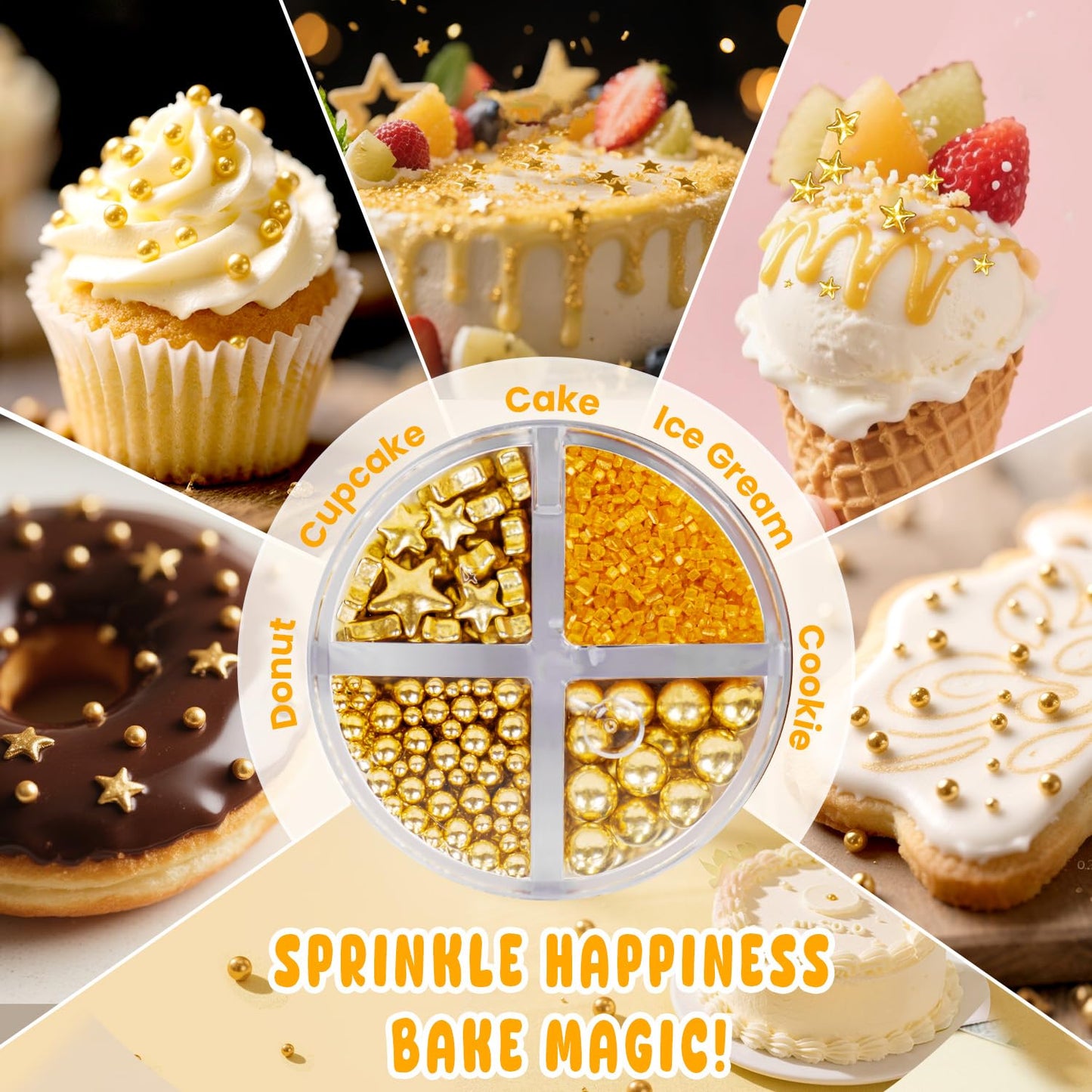 Edible Gold Pearl Sprinkles for Cake Decorating, Gold Sugar Sanding and Star Sprinkles for Cupcake, Cookie, Baking Cake Decorations, 160g/5.64oz, Holiday, Wedding Party, Christmas Supplies