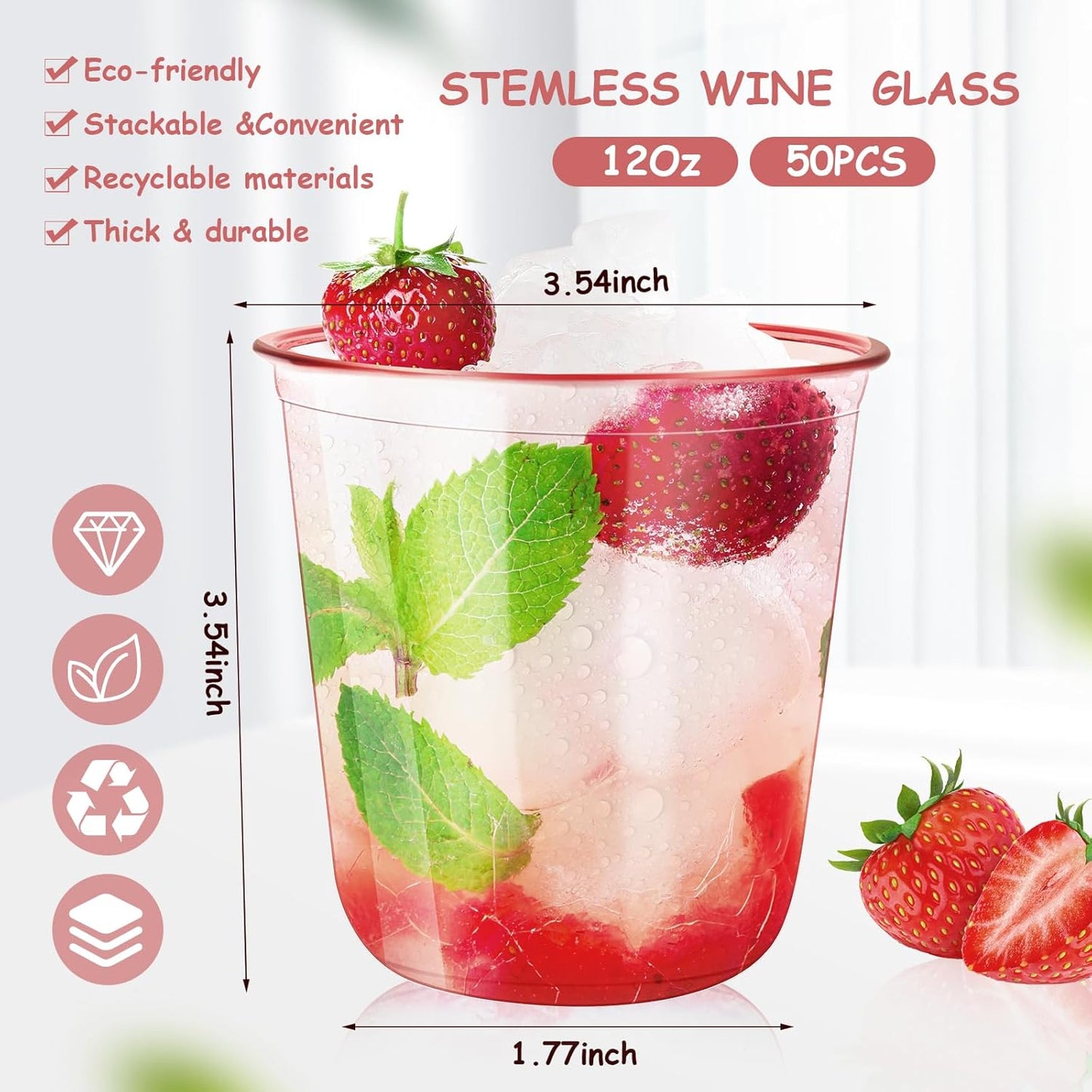 50 Pcs 12oz Crystal Pink Party Cups Disposable Plastic Cocktail Cups Plastic Wine Cups for Meeting Weddings Birthdays Cocktail Christmas Party Supplies (Pink,50 Pcs)