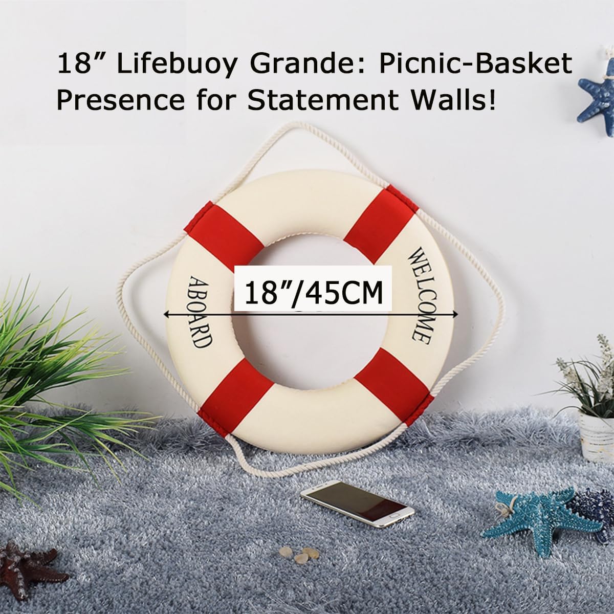 MorroMorn Lifebuoy Wall Hanging Decor - Welcome Aboard Mediterranean Style Home Decoration (Red, 18")