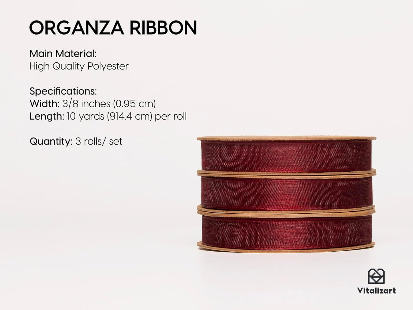 Vitalizart 3/8" x 30Yd Organza Ribbon Christmas Red Sheer Ribbons Set 10 Yd x 3 Rolls Handmade Eco-Friendly for Gift Wrapping Christmas Tree Crafts Bows Wedding Invitations Wreaths Wrap