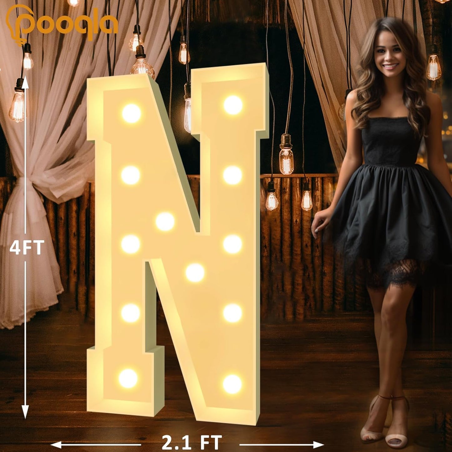 Pooqla 4 FT Marquee Light Up Letters, Cool White and Warm White Marquee Letter 4 Feet Tall, Giant LED Sign Big Mosaic Letter N for Balloons Birthday Party Anniversary Wedding Decorations