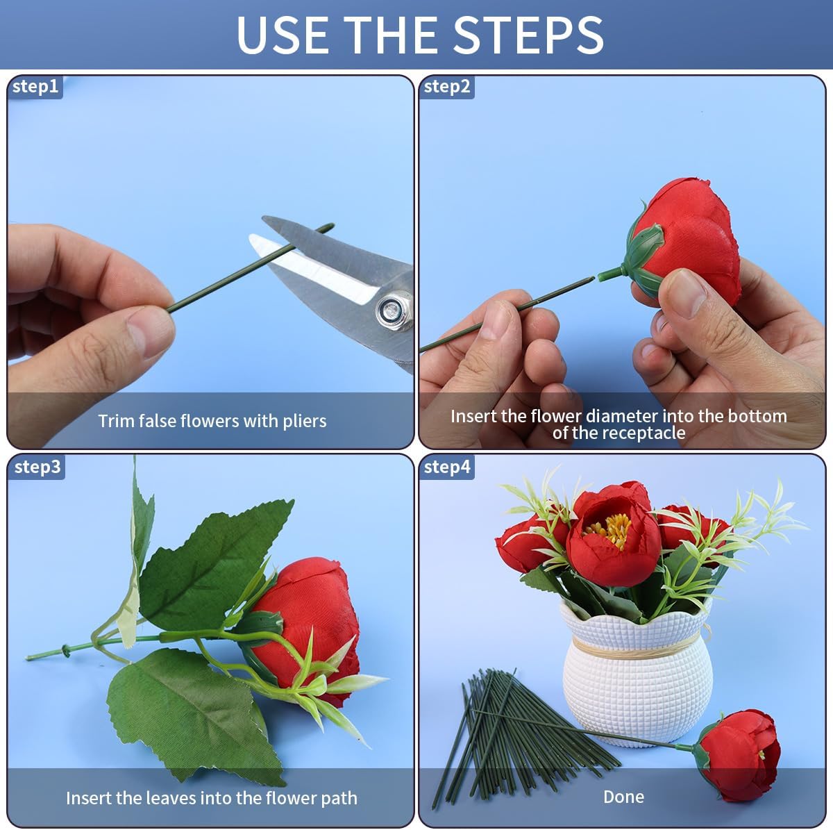 Green Floral Stems - 100pcs Plastic Flower Rods for Bouquets and Arrangements, Ideal for Crafts and Florists (17CM /6.7in)