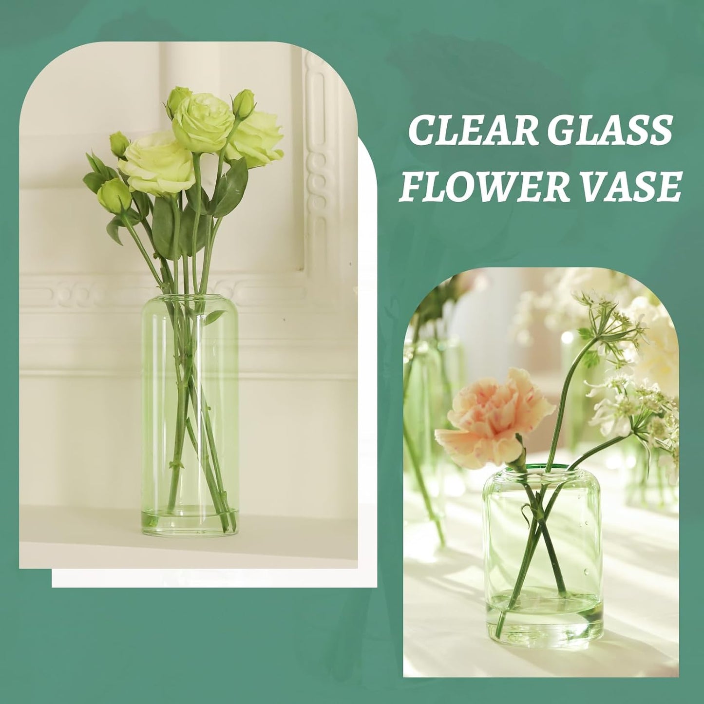 12Pcs Bud Vases Set, Glass Flower Vase for Centerpieces, Small Vases for Flowers, Decor Centerpiece for Bathroom, Decorative Vases for House Warming(Green)