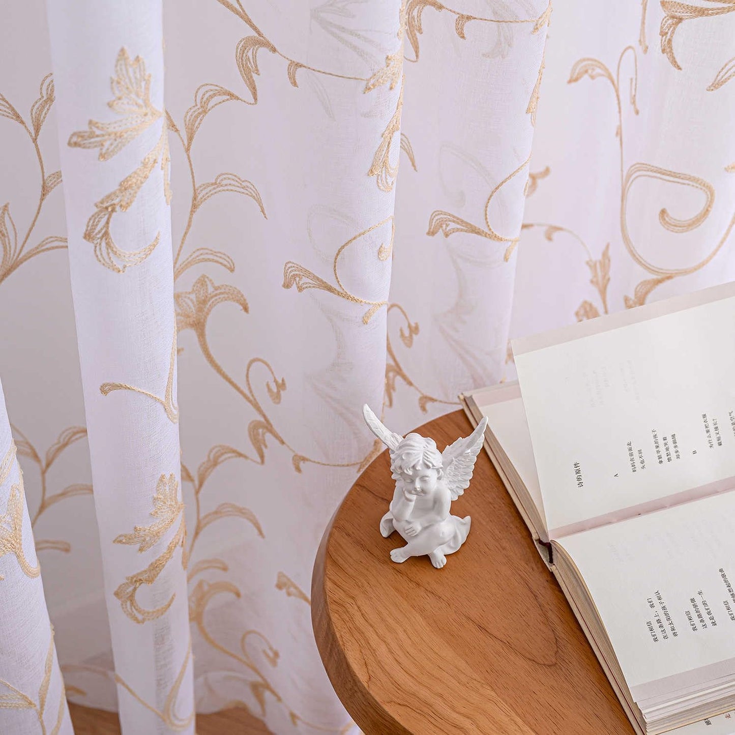 Sheer Curtains White-Beige 95 Inch Length, Boho Farmhouse Curtains for Bedroom Rod Pocket Vintage Farmhouse Drapes with Scroll Floral Patterned for Living Room, 84 Inch Curtains 2 Panel set, 52"x 95".