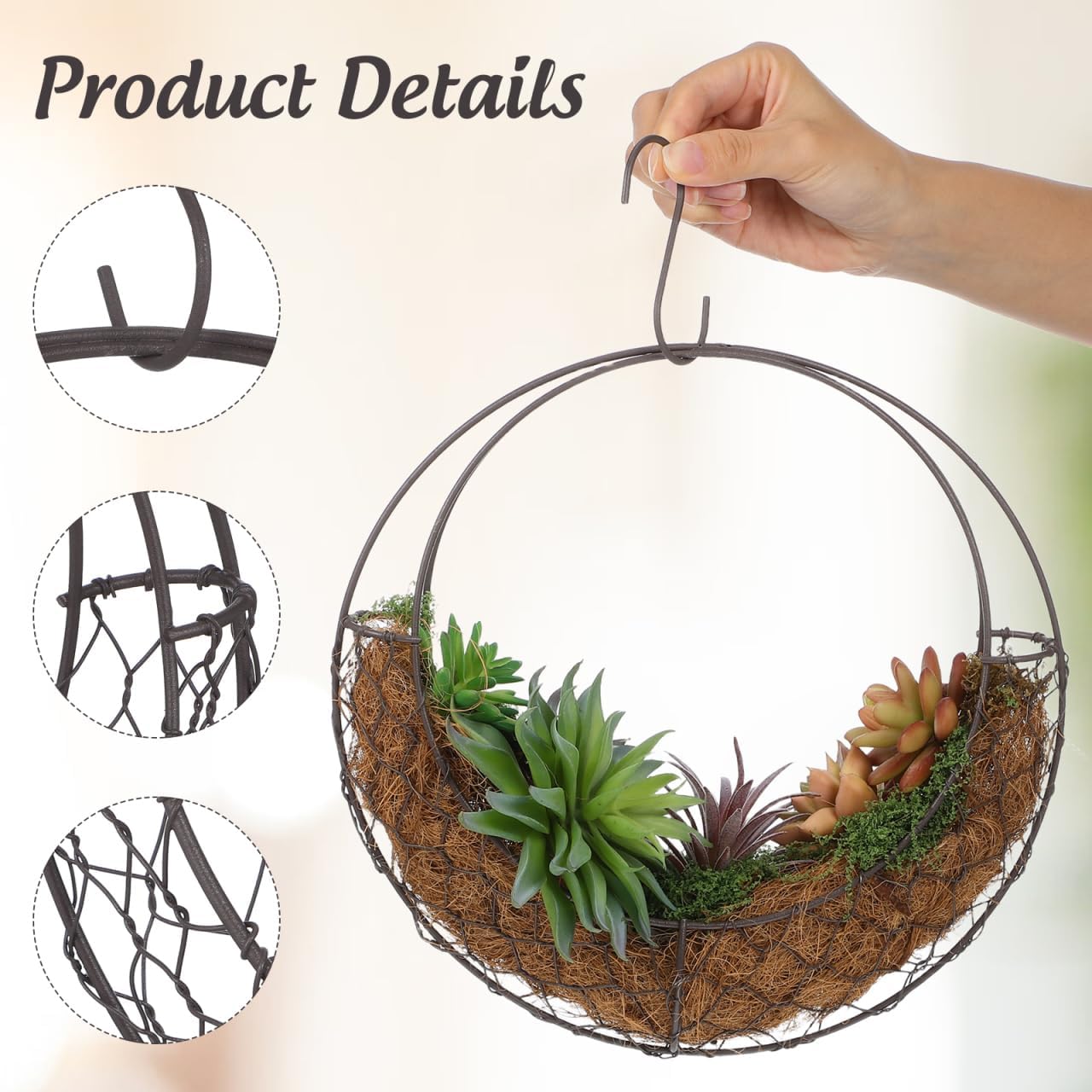 TOYANDONA Round Wire Wreath Frame: Moon Shaped Metal Hanging Sphere Planter Moon Wreath Plant Holder Flower Hanging Basket, Succulent Pot Decor Basket Indoor Outdoor Wall Decor