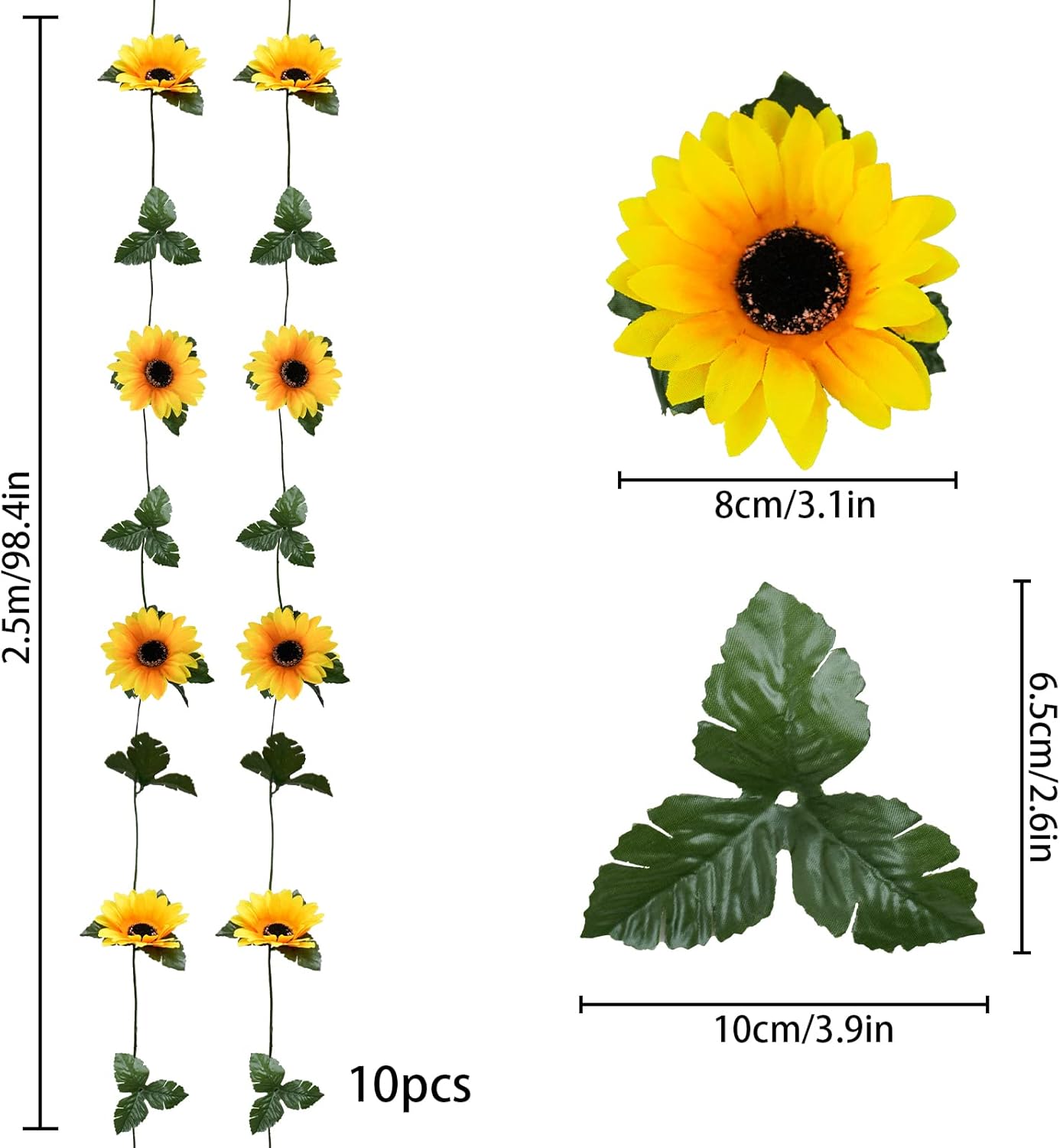 Uieke 10 Pack Artificial Sunflower Garland, 8.2ft/Pcs Silk Sunflowers with Green Leaves, Flowers Vines for Room Home Kitchen Garden Wedding Arch Bridal Baby Shower Party Outdoor Decor