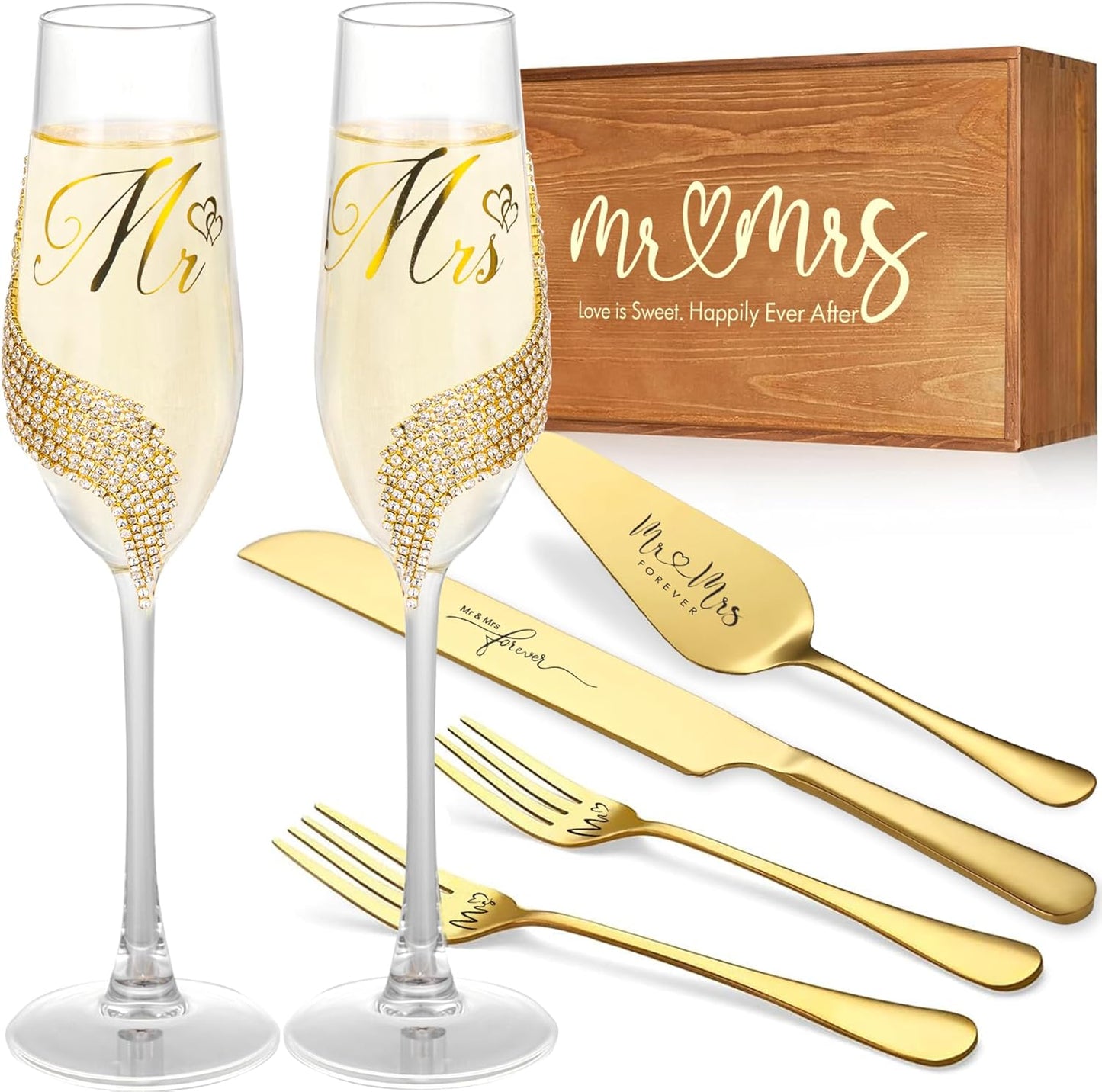 Wedding Cake Knife and Server Set, Gold Mr and Mrs Champagne Flutes and Cake Cutting Set for Wedding Bridal Shower Gifts (Gold)