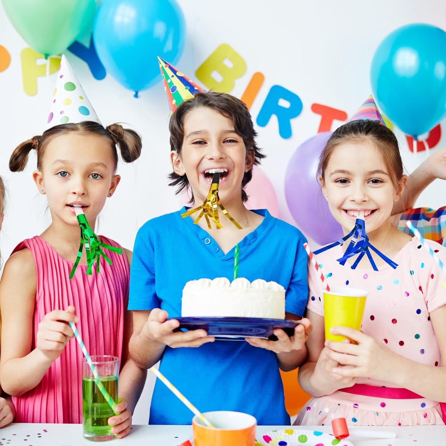 Party Blowers, 24 PCS New Years Noise Makers, Gold Silver Glitter Metallic Fringed Party Blowouts, Blow Horns Whistles for Kids Birthday Graduations Christmas Weddings Family Sporting Events Supplies