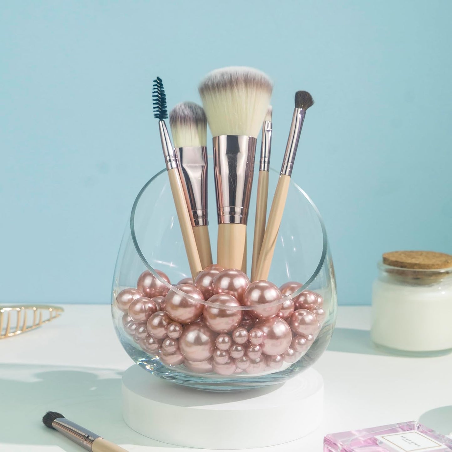 120 PCS 8/14/20mm No Hole Polish Pearl Beads for Centerpiece, Rose Gold Beads Decorative Vase Fillers, Plastics Pearls for Vases, Table Scatters, Wedding Party Decor