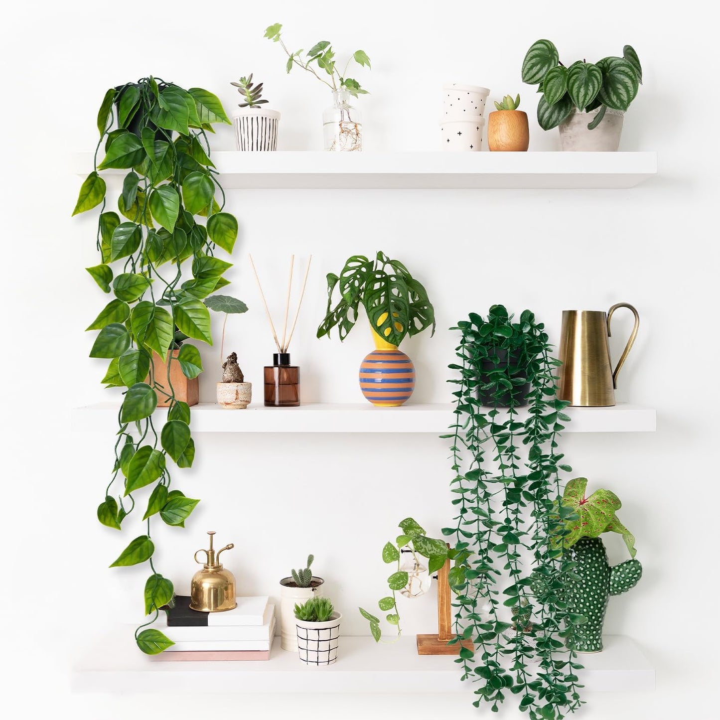 3 Pack Small Fake Hanging Plants, Artificial Eucalyptus, Pothos & Mandala Vines with Plastic Pot for Indoor Home Decor, Wall, Office, Bathroom, Kitchen, Shelf, Farmhouse Room Decoration