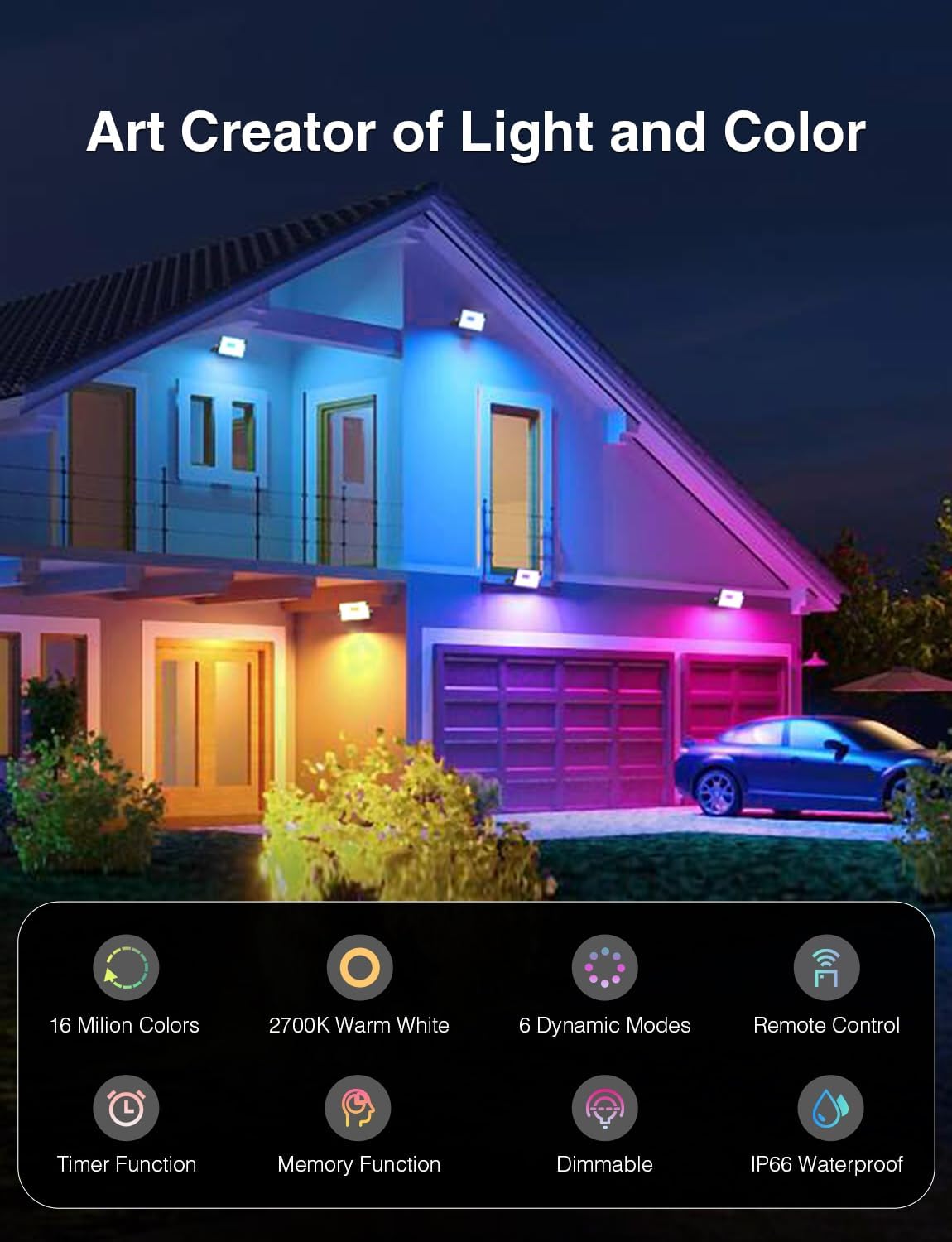 Onforu 6 Pack RGB LED Flood Light Outdoor, 50W Color Changing Uplights with Remote, 2700K Warm White IP66 Stage Lighting, Landscape Floor Spotlights Indoor, Uplighting Indoor Floor Light for Christmas