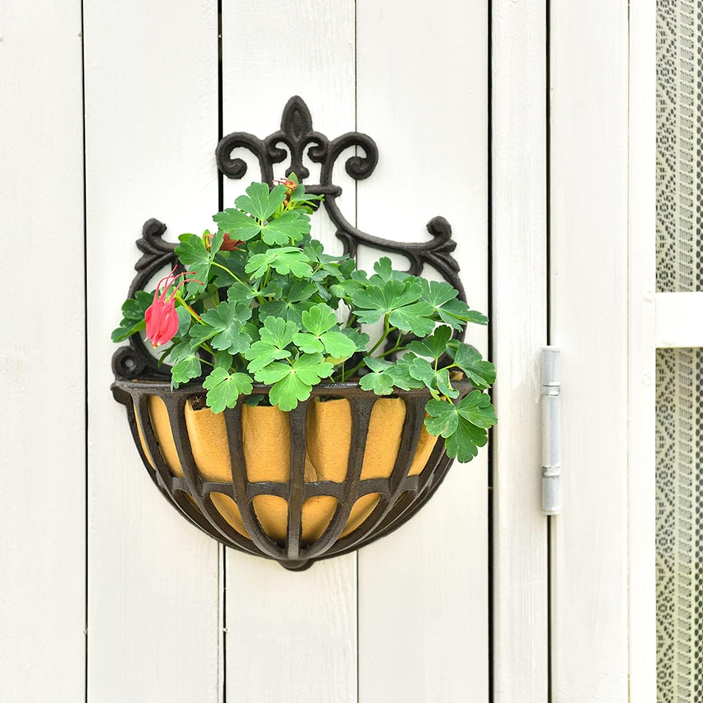 Sungmor 2PC Small Cast Iron Baskets, Heavy-Duty Wall Hanging Hollow Planter w/Fabric Liner, Antique Victoria Half Round Wall Pot Plants Holder, Outdoor Railing Fence Balcony Hanging Basket Flower Pot