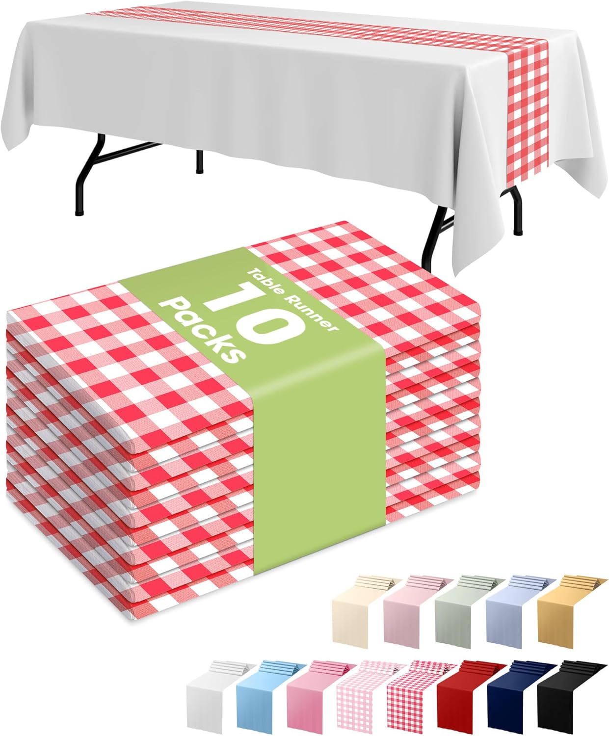 Pureegg Gingham Plastic Table Runners - 10 Pack, 14'' x 108'', Water Resistant & Disposable Plaid Centerpiece Decorations for Table Cloth, Birthday, Holiday, Party, Red and White Checkered Home Decor