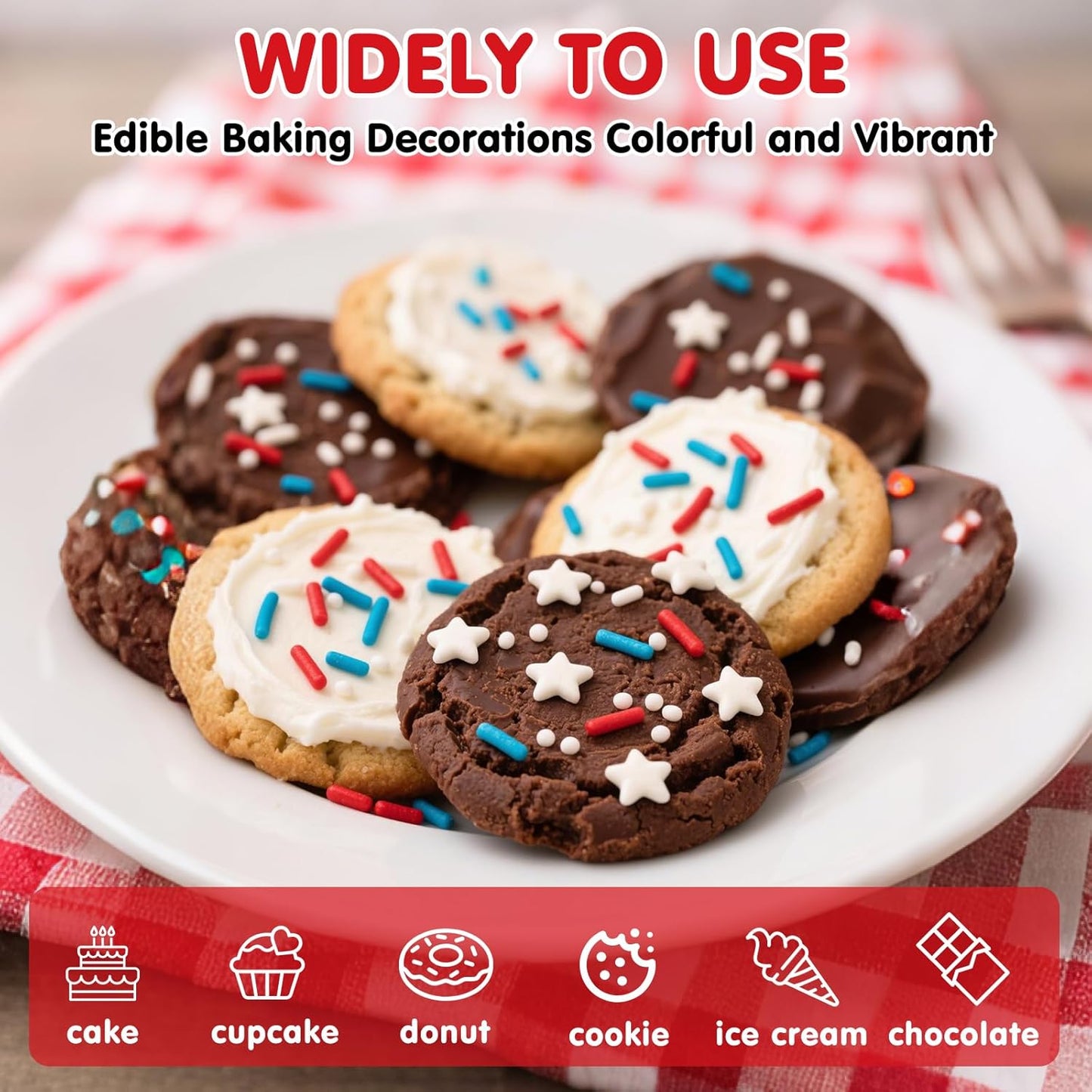 Edible Patriotic Sprinkles for Cake Decorating,Red White and Blue Jimmies Stars Sprinkle Mix, 100g/3.53oz, American Team USA Sprinkles,Baking, Ice Cream,Cookies,Cupcake Topper,Holiday Party Decorations