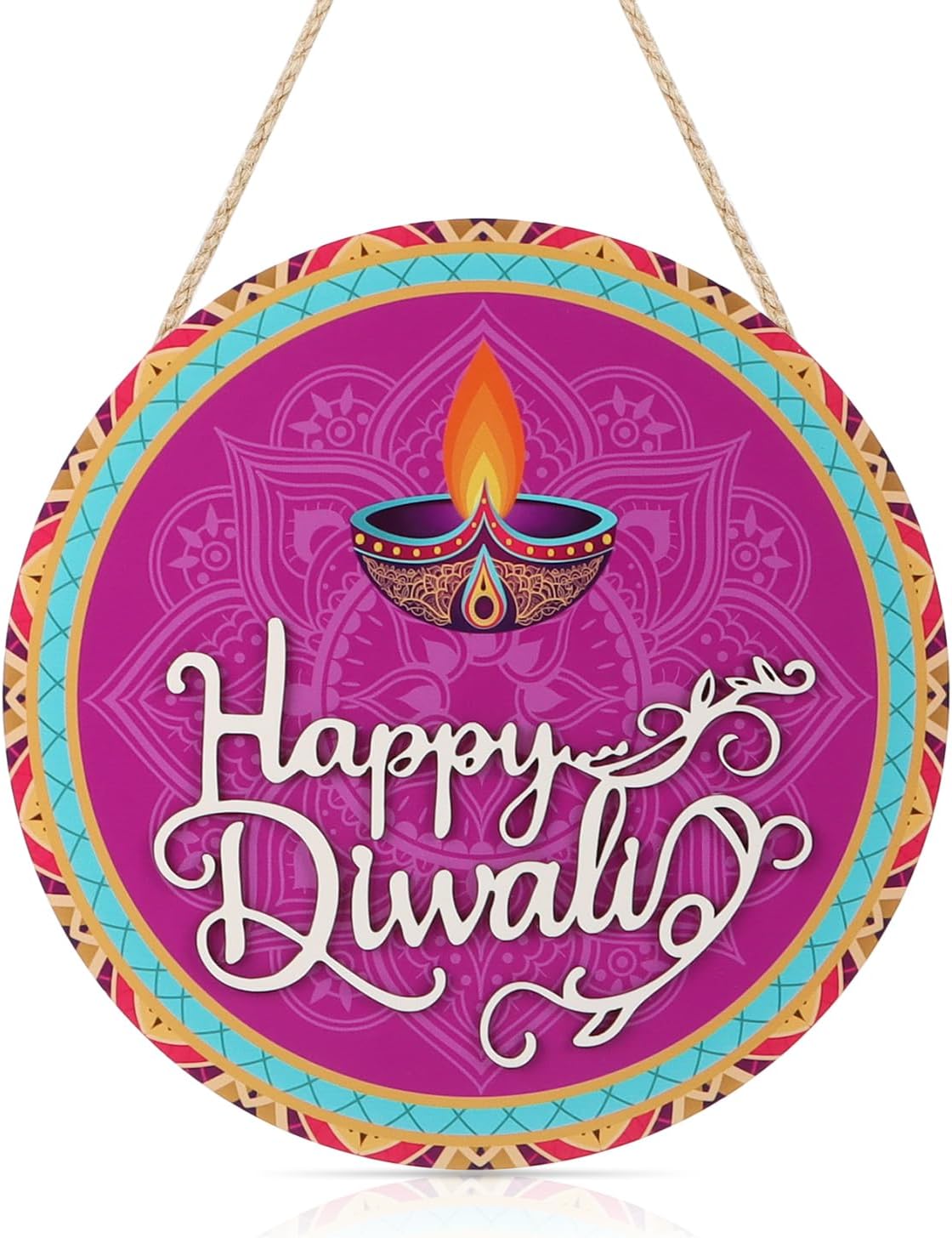 CHDITB Happy Diwali Decoration 3D Front Door Sign(12”x12”), Indian Festival of Lights Wall Hanging with Rangoli Diyas, Deepavali Themed Door Hanger for Front Door Porch Home Office Party