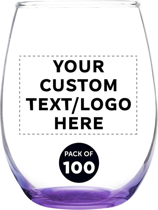 Custom Stemless Wine Glass 9 oz. Set of 100, Personalized Bulk Pack - Great for Wedding Favors, Bachelorette Party Decorations, Party Favors, Color Bottom - Purple