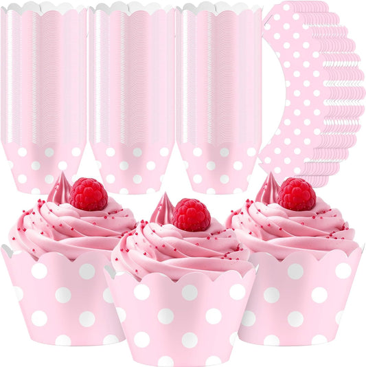 Domensi 100 Pcs Pink Polka Dots Cupcake Wrappers Rustic Cupcake Liners Baking Cups Baking Liners for Wedding Bridal Baby Shower Birthday Breast Cancer Awareness Party Supplies Dessert Decoration