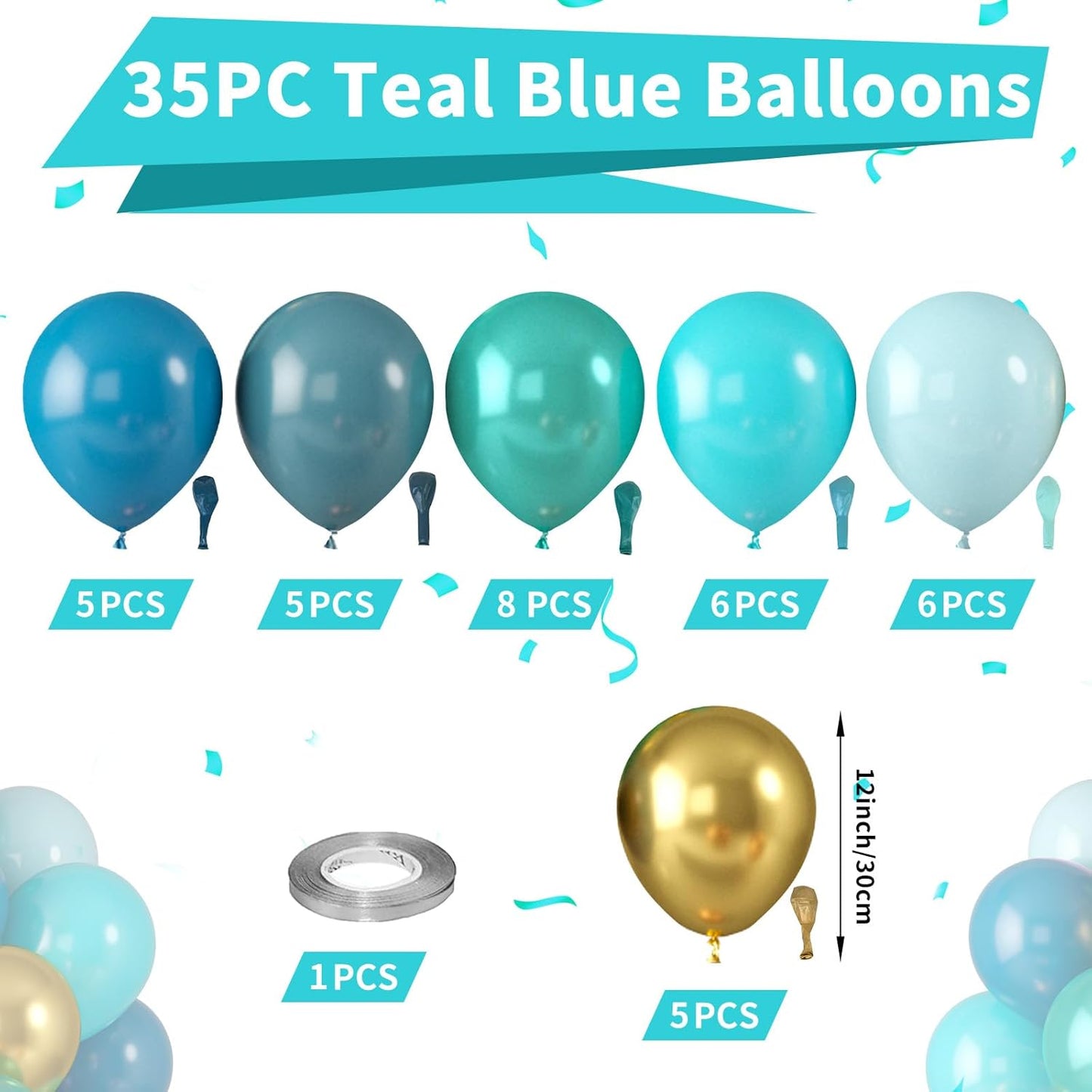 Teal Blue Balloons, Turquoise Balloons Macaron Teal Blue Balloon, Peacock Blue Retro Sea Blue Metallic Gold Balloon for Birthday Baby Shower Wedding Summer Beach Party Decoration