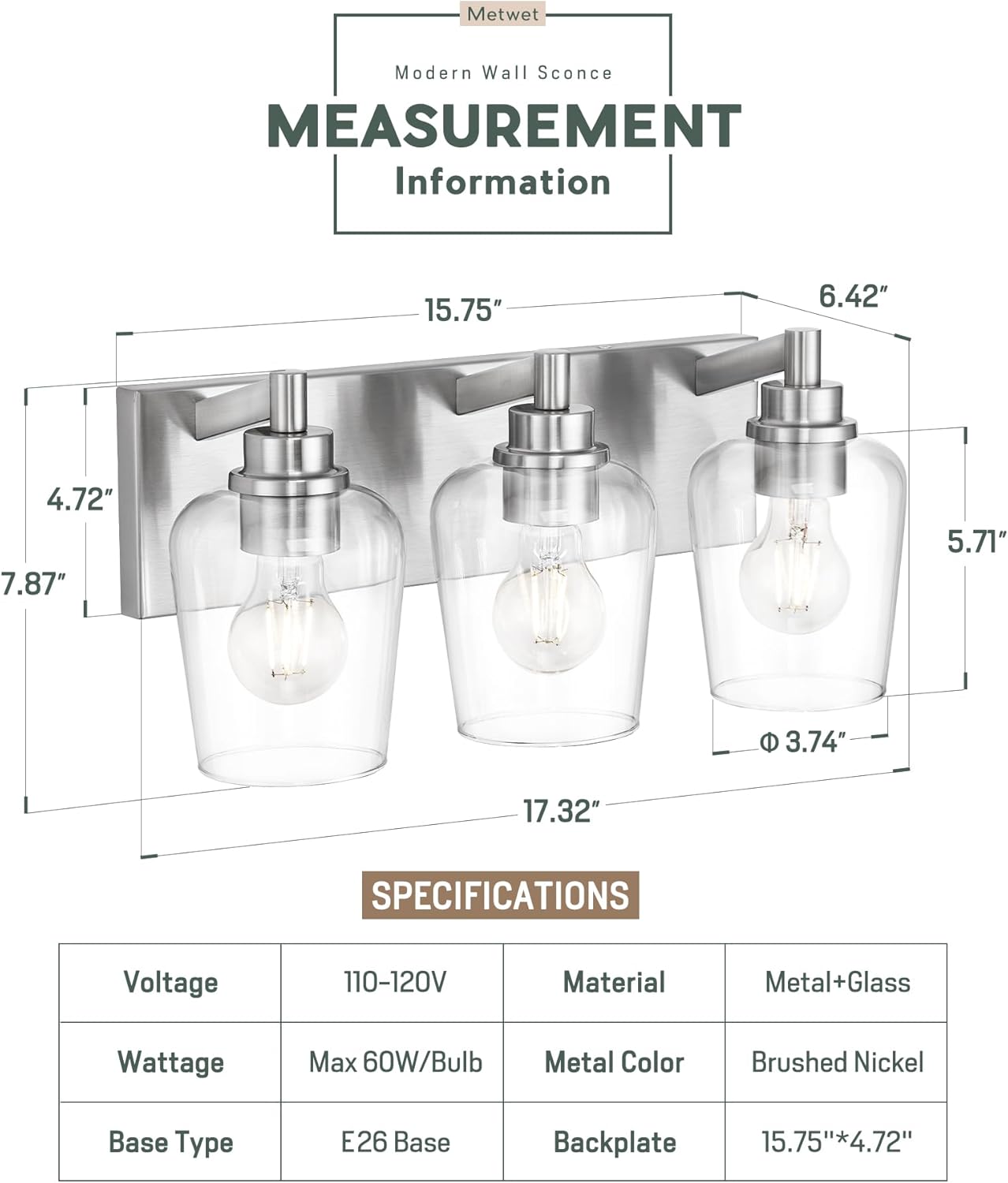 Bathroom Light Fixtures, 3-Light Modern Vanity Light with Clear Glass Wine Glass-Shaped Shade, Vanity Lighting Fixtures Over Mirror, Brushed Nickel, VL155-BN-3