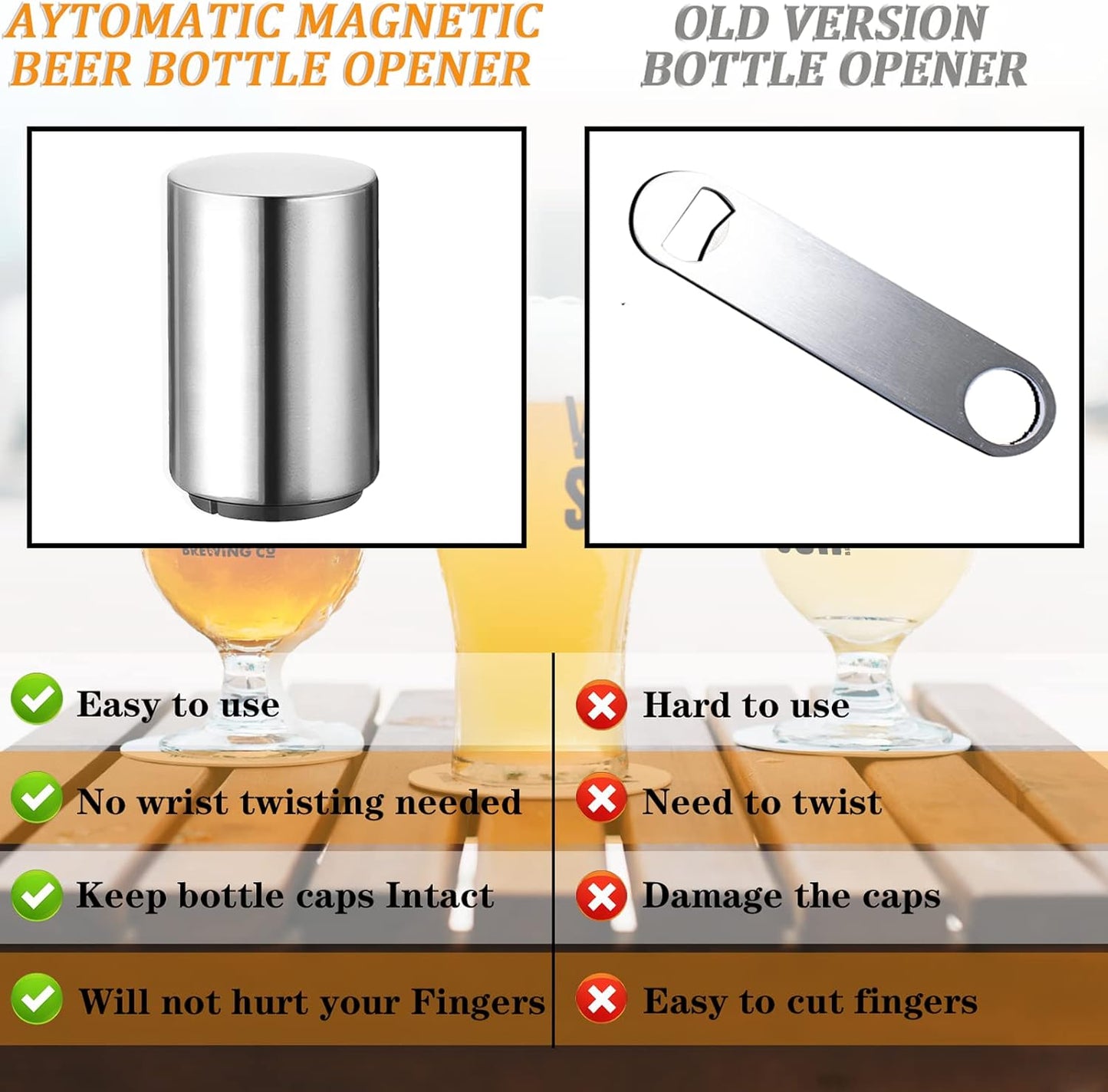 Portable Push Down Magnetic Beer Bottle Openers (8 Packs), No Damage to Caps, Quick to Open, Automatic Stainless Steel Pop the Top Cap Opener for Home Bar Camping and Traveling, Bartender Opening Tool