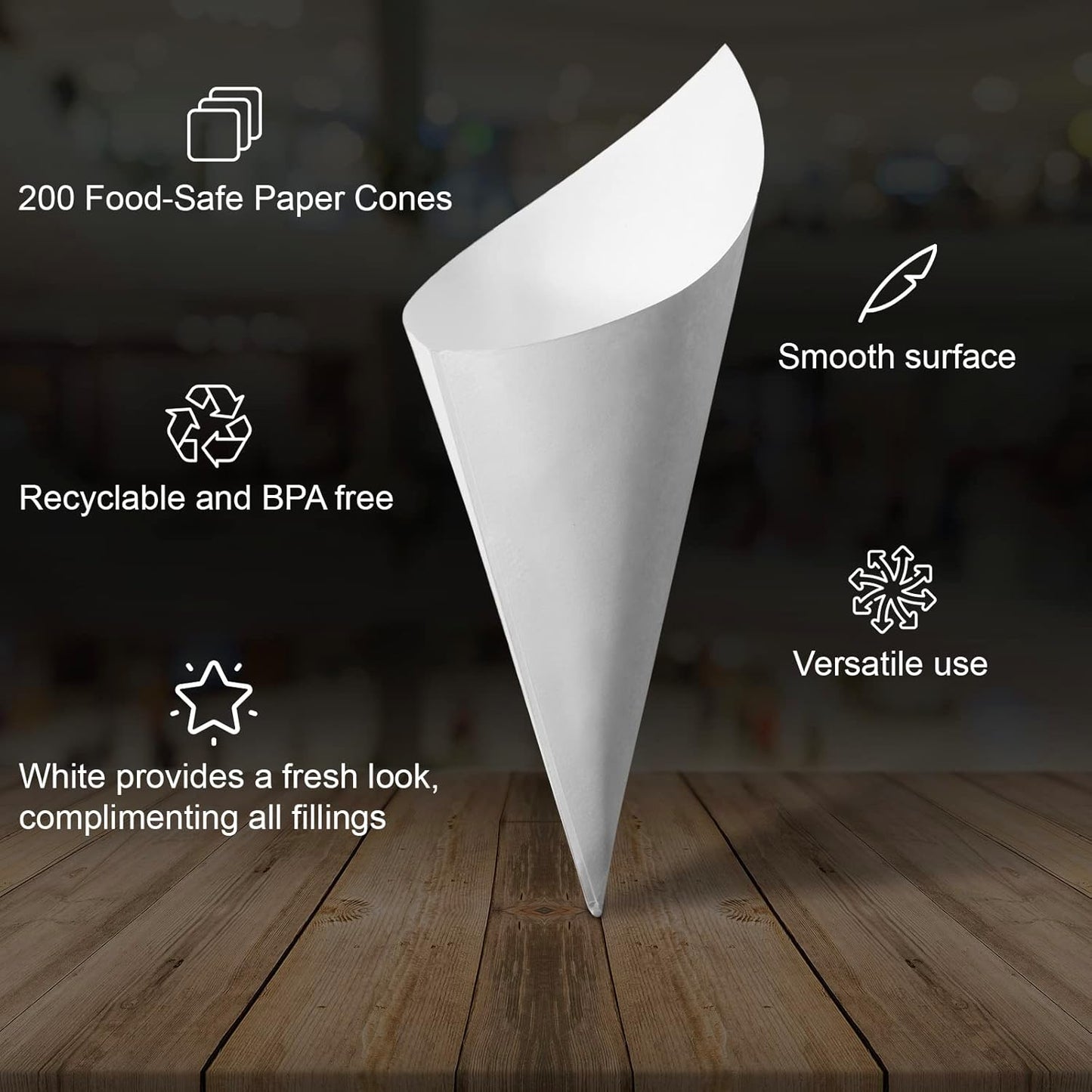 MONTX® 200-Pack Disposable Food Cones | 7" or 6" | White Food-Safe Paper Charcuterie Cones for Appetizers, Popcorn, Snacks, Confetti | Eco-Friendly Alternative to Wood Cones (7 Inch)