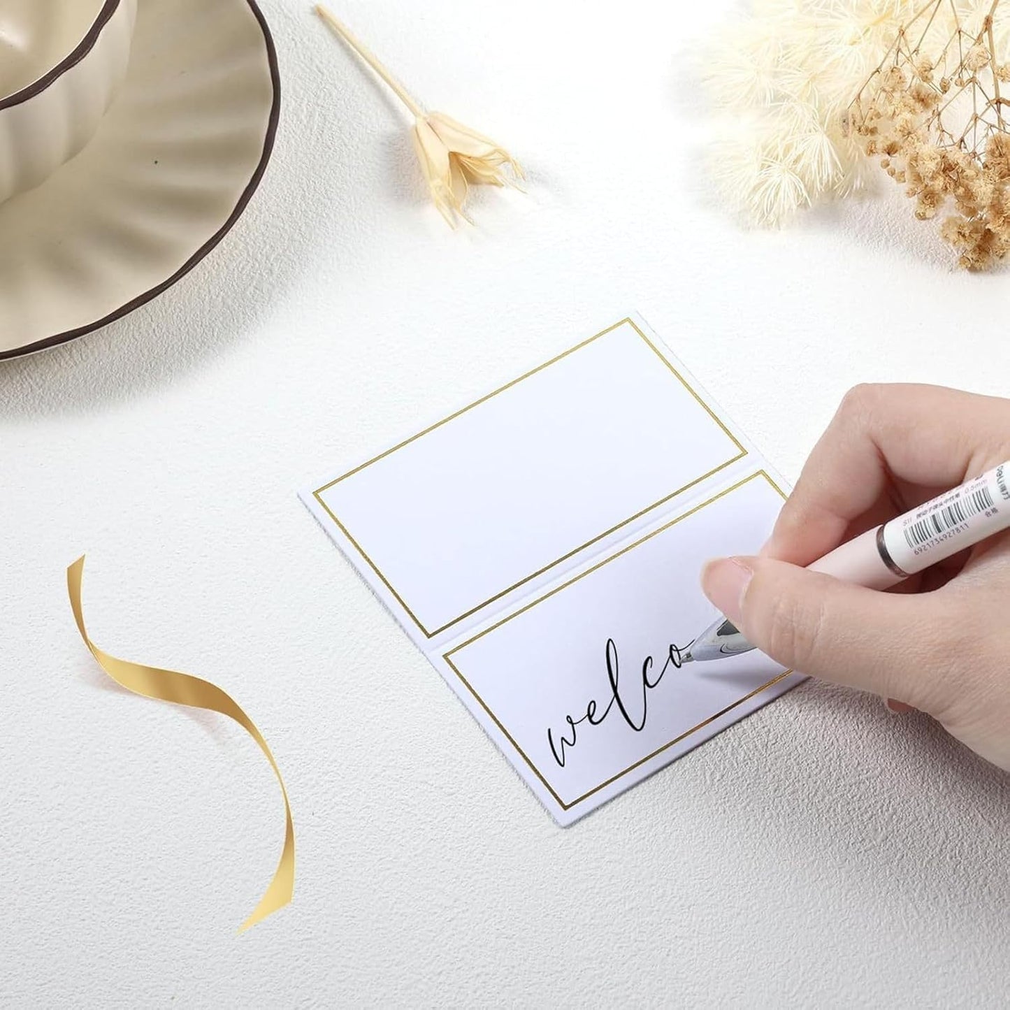 50Pcs Table Place Cards Wedding Name Cards with Gold Foil Border White Blank Small Tent Card for Table Setting Wedding Birthday Dinner Party (Gold)