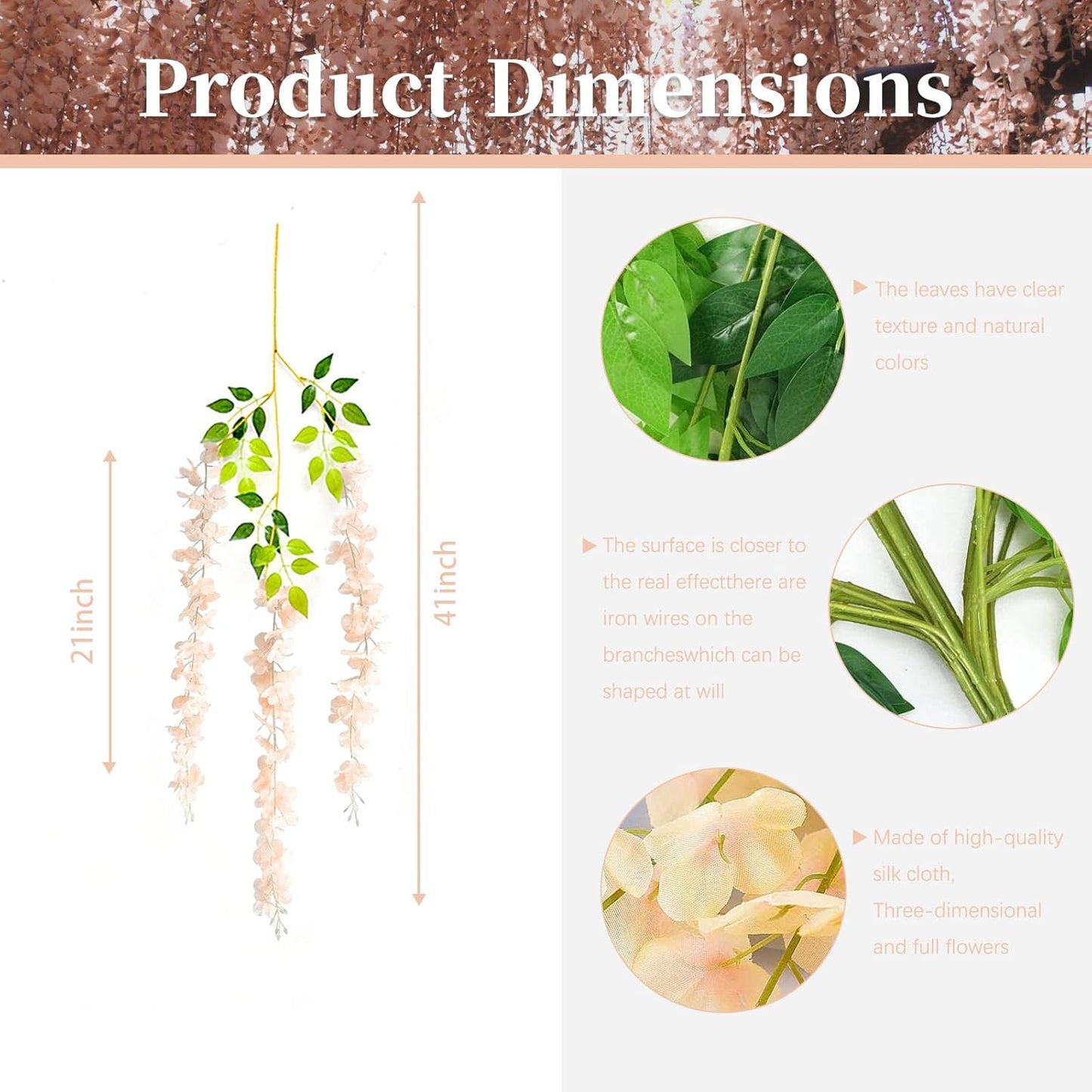 5 Pack Champagne Wisteria Hanging Flowers, 3.44 Ft Fake Hanging Flowers, Artificial Wisteria Garland Vines for Wedding Room Backdrop Outdoor Patio Garden Decoration