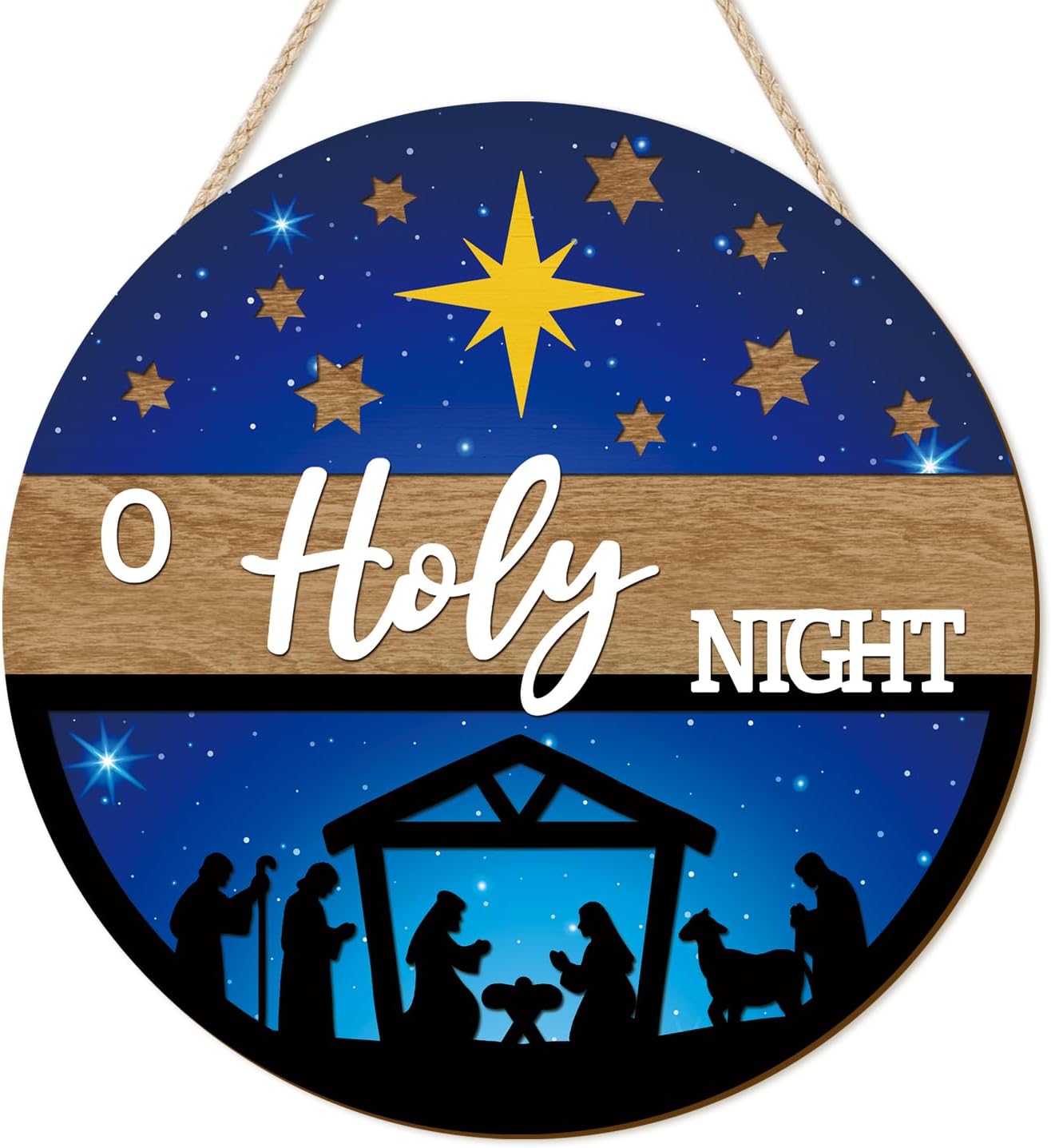 CHDITB 3D O Holy Night Jesus Christmas Front Door Sign(12"x12"), Wooden Nativity Scene Christian Decoration Wall Hanging, Rustic Religious Winter Holiday Decor for Home Indoor Outdoor