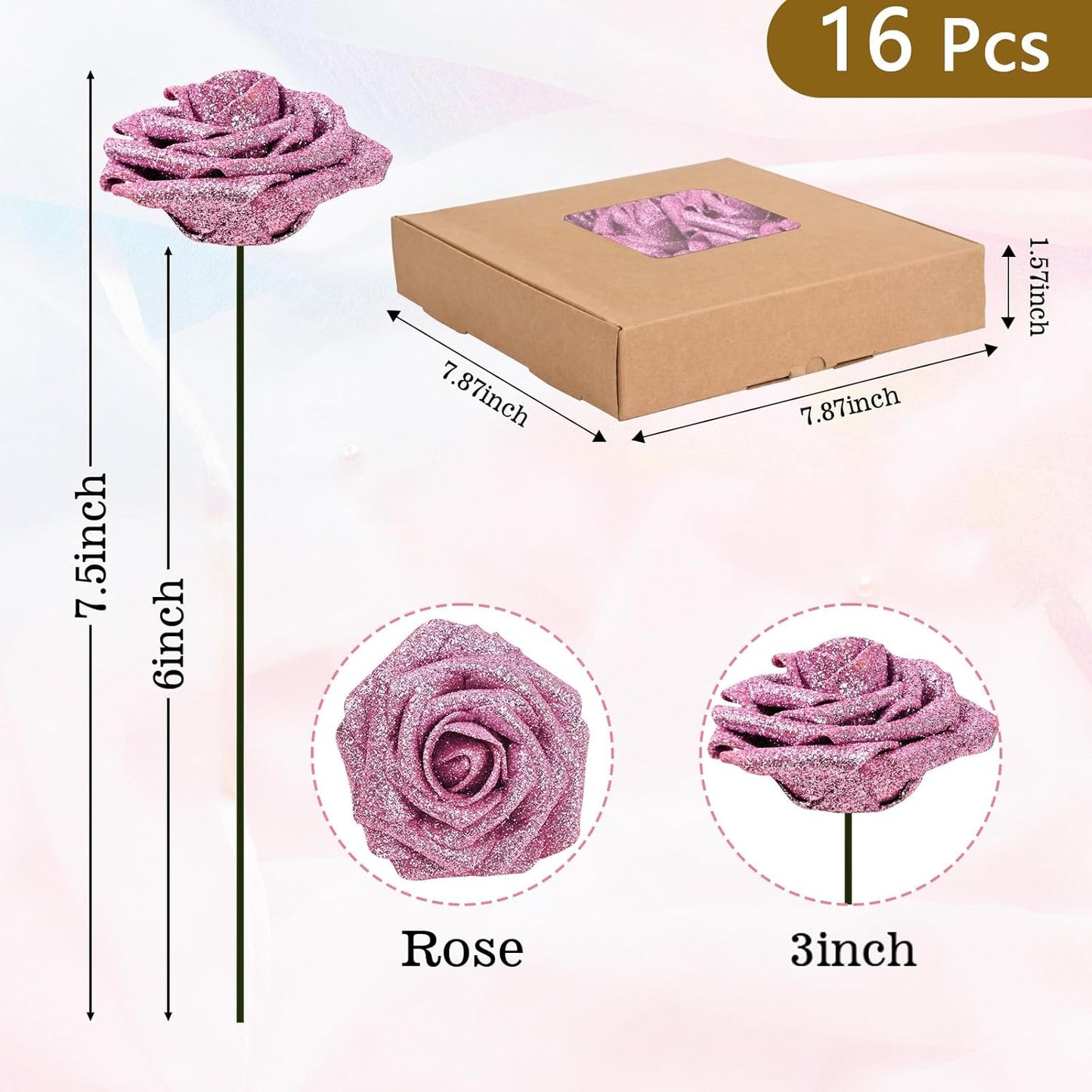 BLEUM CADE 16Pcs Artificial Flowers Fake Roses with Stems, Pink Glitter Boxed Foam Roses for DIY Bouquets Centerpieces Wedding Party Arrangement Bridal Shower Decor