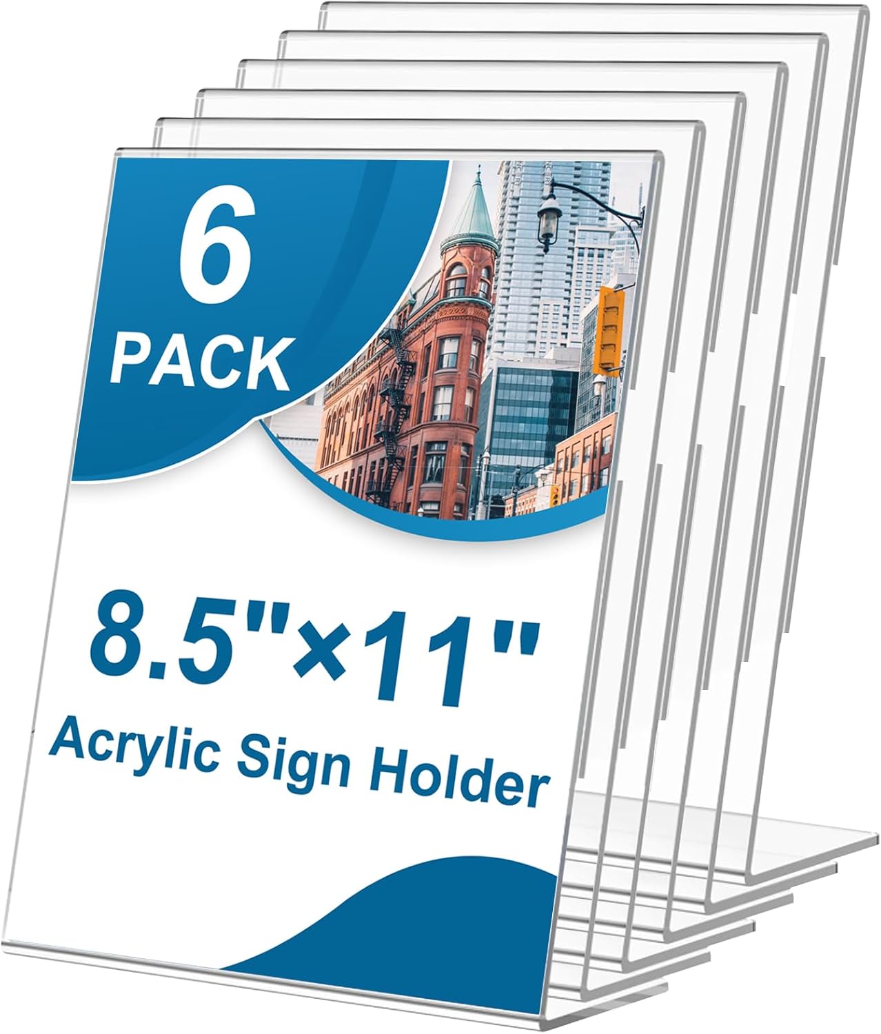 6 Pack Acrylic Sign Holder 8.5 x 11, L-Shape Clear Plastic Display Stand for Tabletop, Acrylic Stands for Flyers, Table Paper Holder, Vertical Sign Holder 8.5x11 for Restaurants, Office and School (Slant 6 Pack 8.5x11)