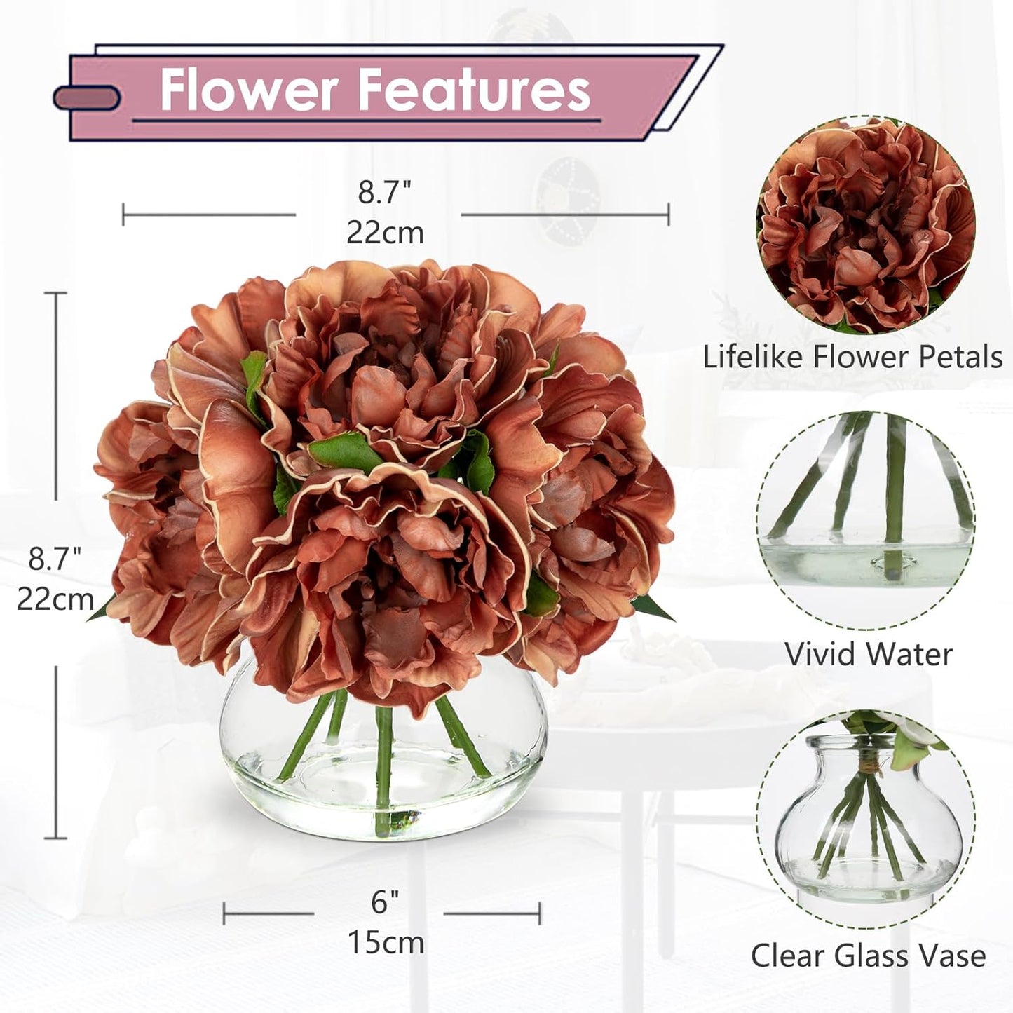 Hollyone Coffee Peonies with Vase Fall Flowers Artificial for Decoration Faux Flower Peony Fake Flowers Silk Flower Arrangements in Glass Vase with Faux Water Centerpiece Fall Decorations for Home
