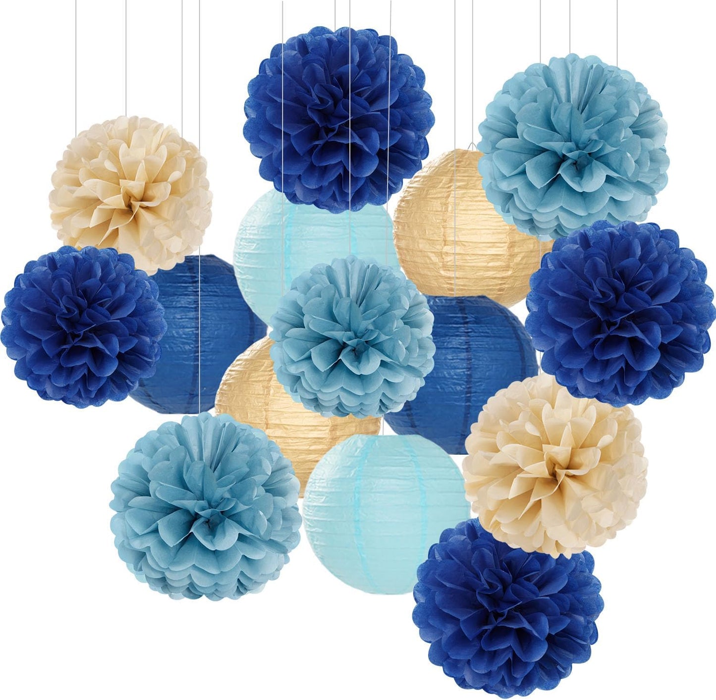 Dusty-Navy Blue Champagne-Gold Paper-Flowers Lanterns - 15pc Christmas Graduation Party Decorations Tissue Pom Poms Streamers,Birthday Bachelorette Bridal Baby Shower Engagement Wedding Decor Panduola