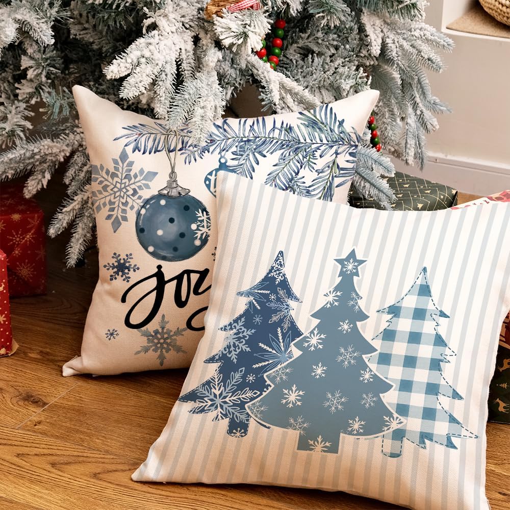 GEEORY Winter Christmas Throw Pillow Covers 18 x 18 Inch Set of 4, Xmas Trees Snowflake Snowman Joy Plaid Holiday Farmhouse Decorative Cushion Cases for Home Decoration G582-18