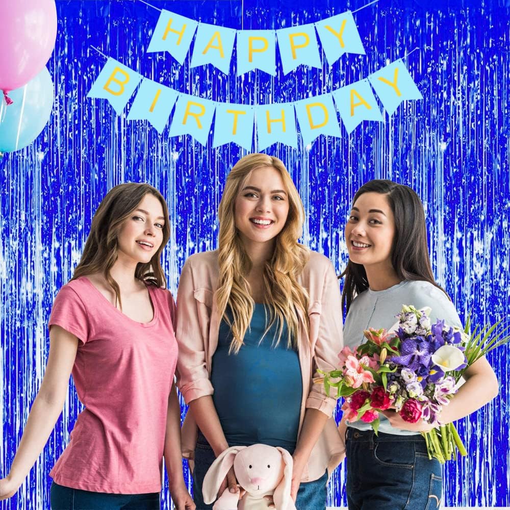 3 Pcs Blue Tinsel Foil Fringe Curtains,3.28ft x 6.56ft Gold Photo Booth Backdrop Streamer Curtain,Photo Booth Props,Ideal Bachelorette Party Supplies, Birthday, Christmas,New Year Decorations…