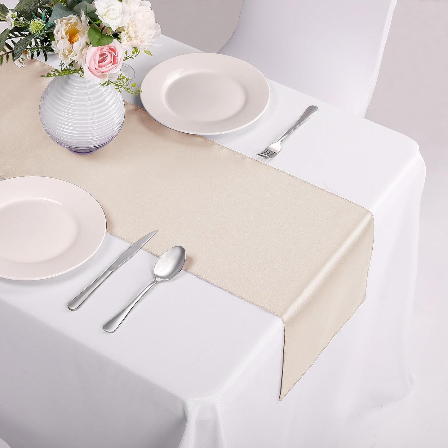 10-Pack Satin Table Runner Champagne 12 x 108 inches Long, Table Runners for Wedding, Birthday Parties, Banquets Decorations（10 Pack, 12x108 Inch, Champagne