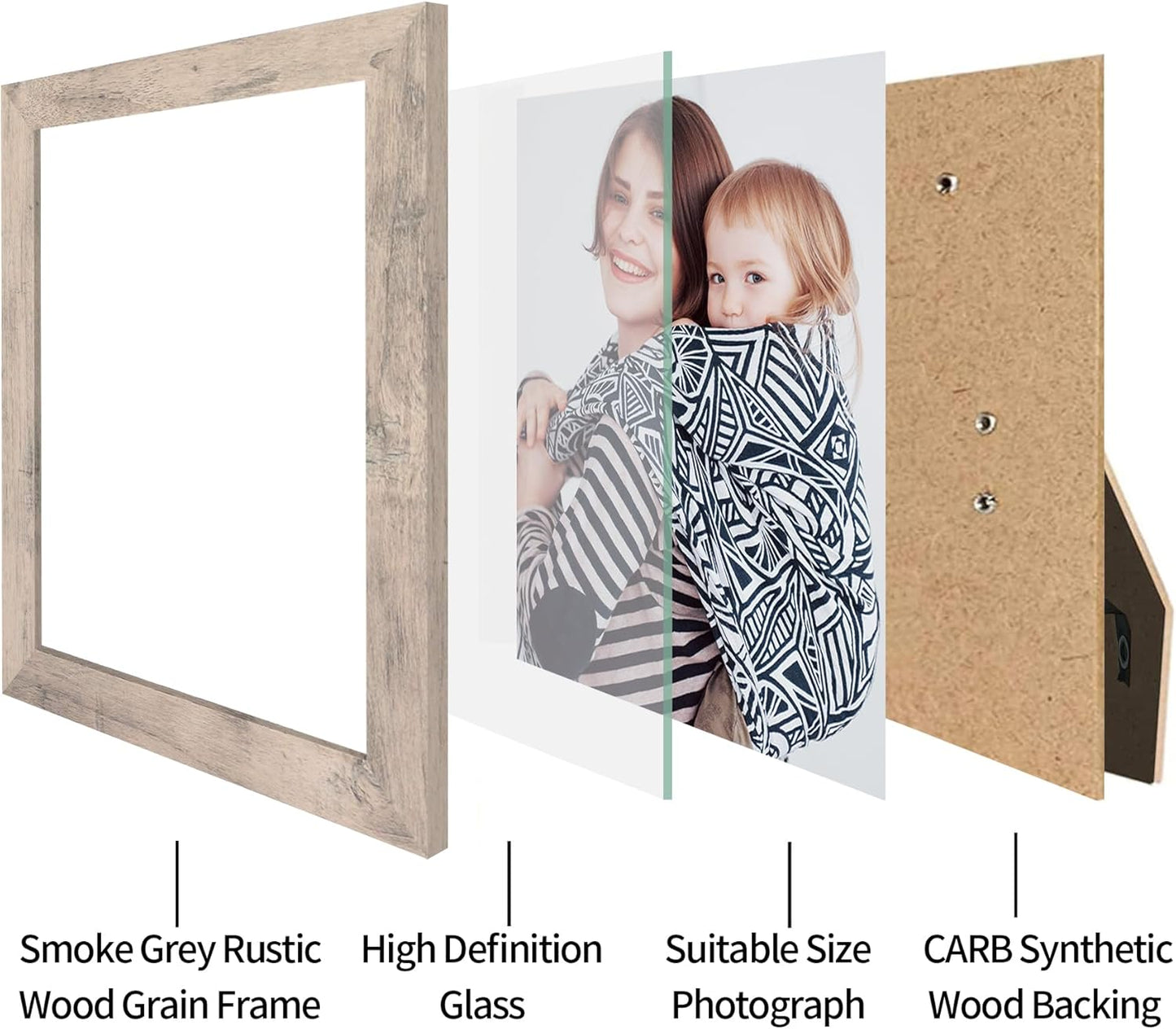 8x10 Picture Frame Set of 4, Smoke Gray Frame with High Definition Real Glass, 8 x 10 Wood Photo Frame for Tabletop Display and Wall Mounting