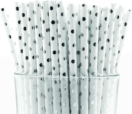 Pack of 150 Silver Polka Dot Foil Biodegradable 4-Ply Paper Drinking Straws (Compostable, Non-toxic, BPA-free)