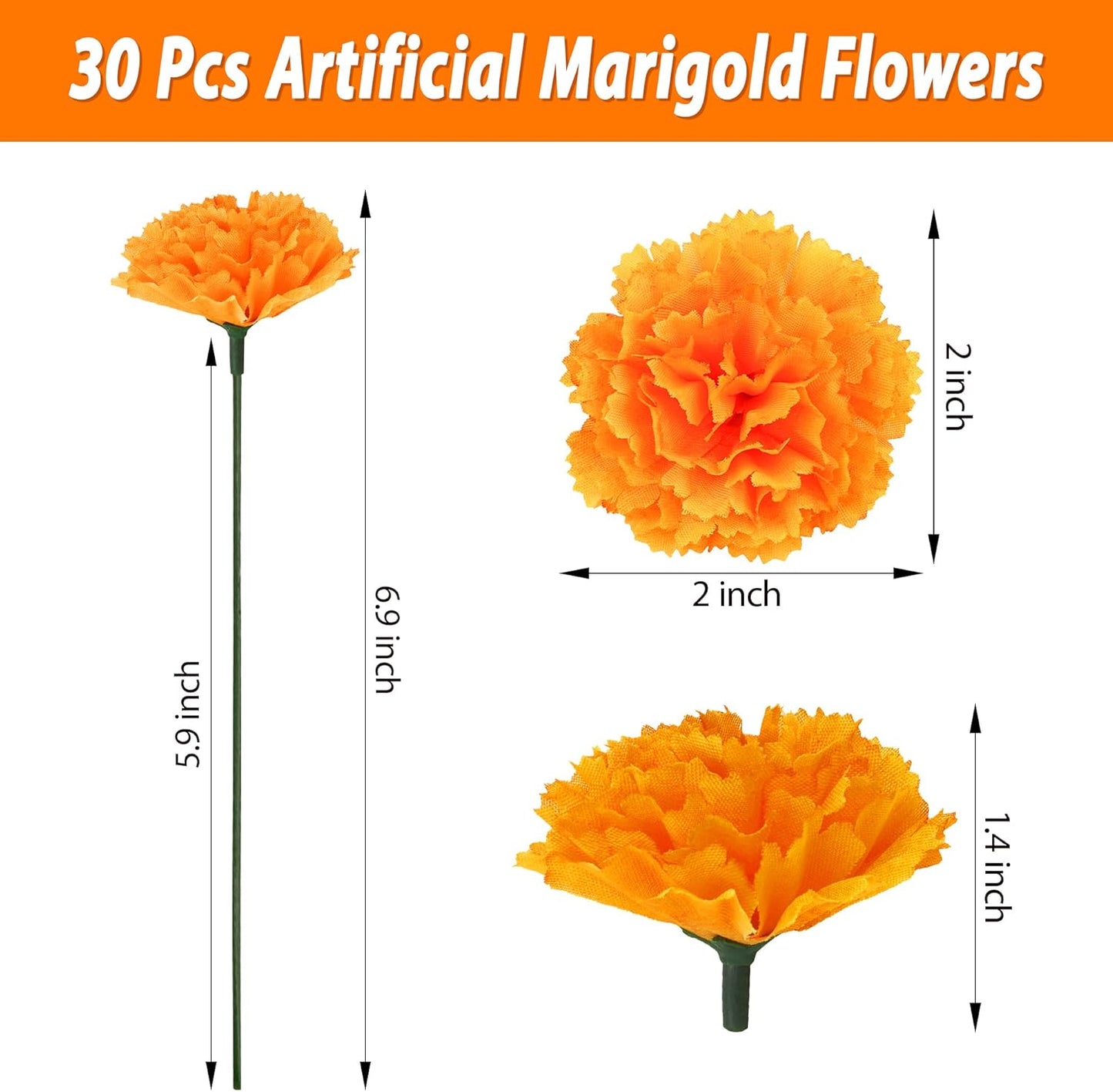 30 Pcs Artificial Marigold Flowers,2" Silk Marigold Flower Heads with Stems,Orange Flowers Artificial for Diwali Decor,Indian Wedding,Home,DIY Wreath Garland,Day of The Dead Decorations