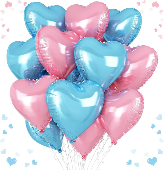 Pink Blue Heart Balloons, 18 Inch Baby Pink and Blue Heart Shape Balloon, 12PCS Large Light Blue Pink Helium Foil Heart Romantic Balloon for Baby Gender Reveal Birthday Wedding Party Decorations